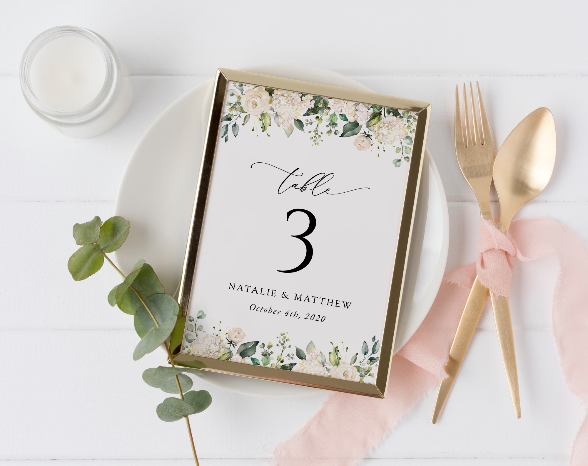 Cream White Flowers Table Number Sign, Wedding Sign, Printable File, Edit Yourself, SH133