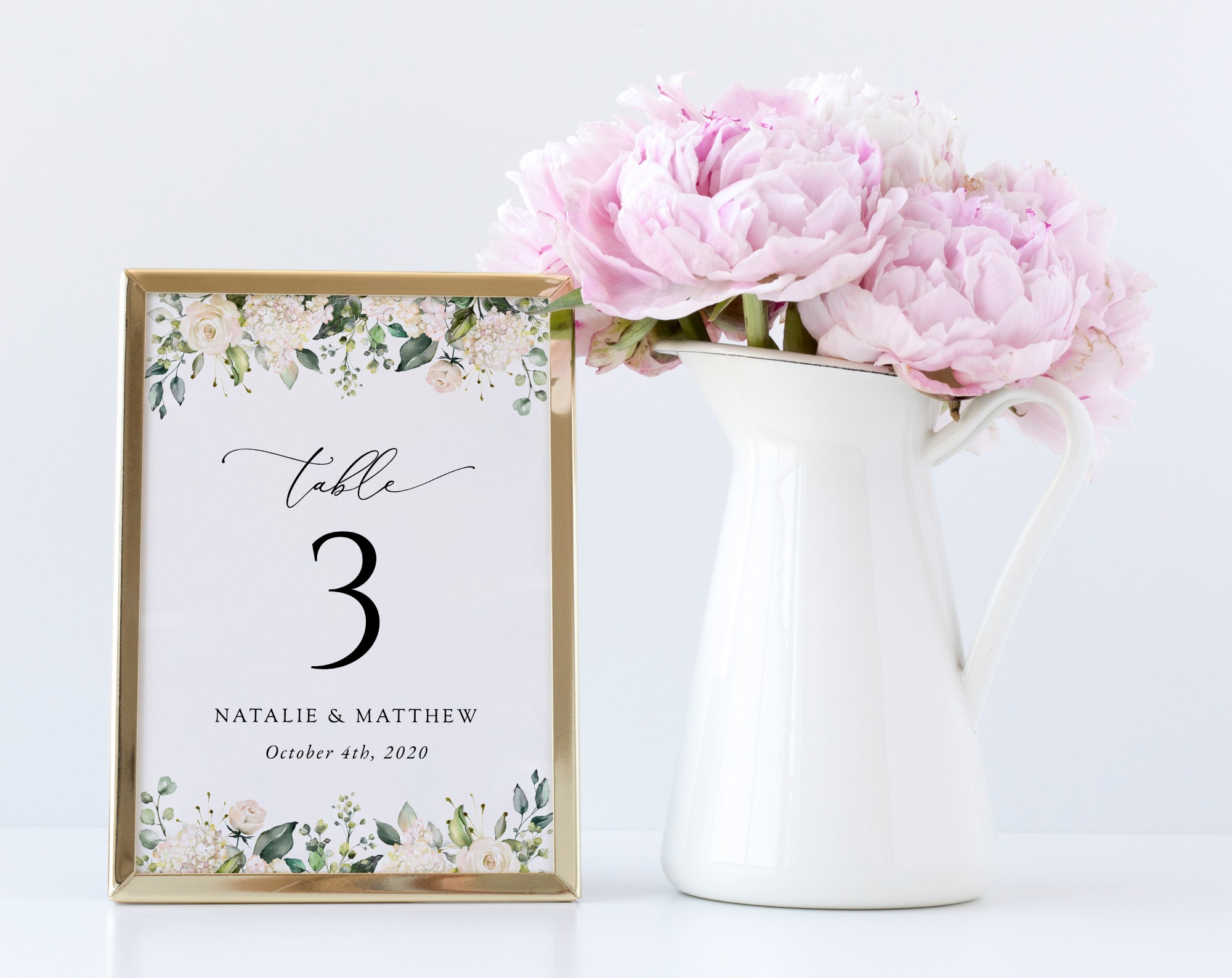 Cream White Flowers Table Number Sign, Wedding Sign, Printable File, Edit Yourself, SH133