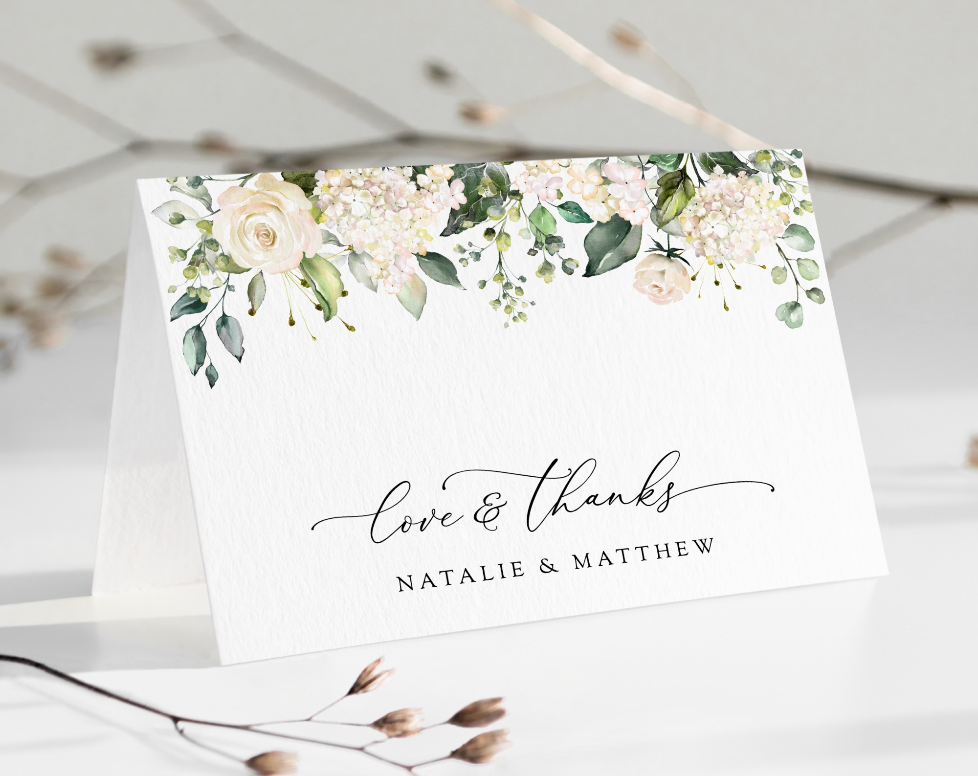 Cream White Flowers Thank You Card, Wedding Stationery, Printable File, Edit Yourself, SH133