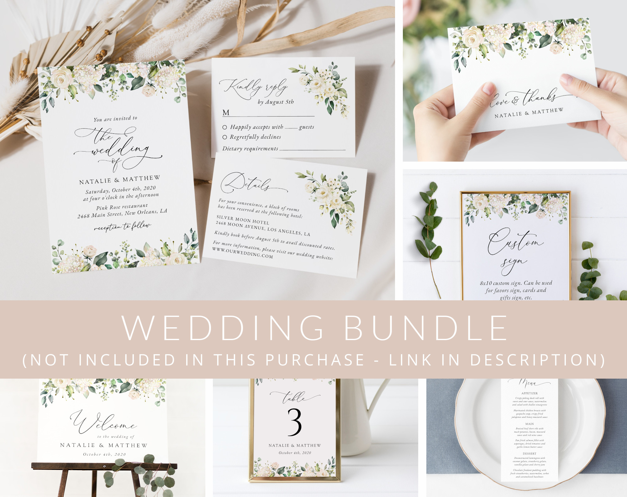 Cream White Flowers Wedding Bundle, Printable File, Edit Yourself, SH133