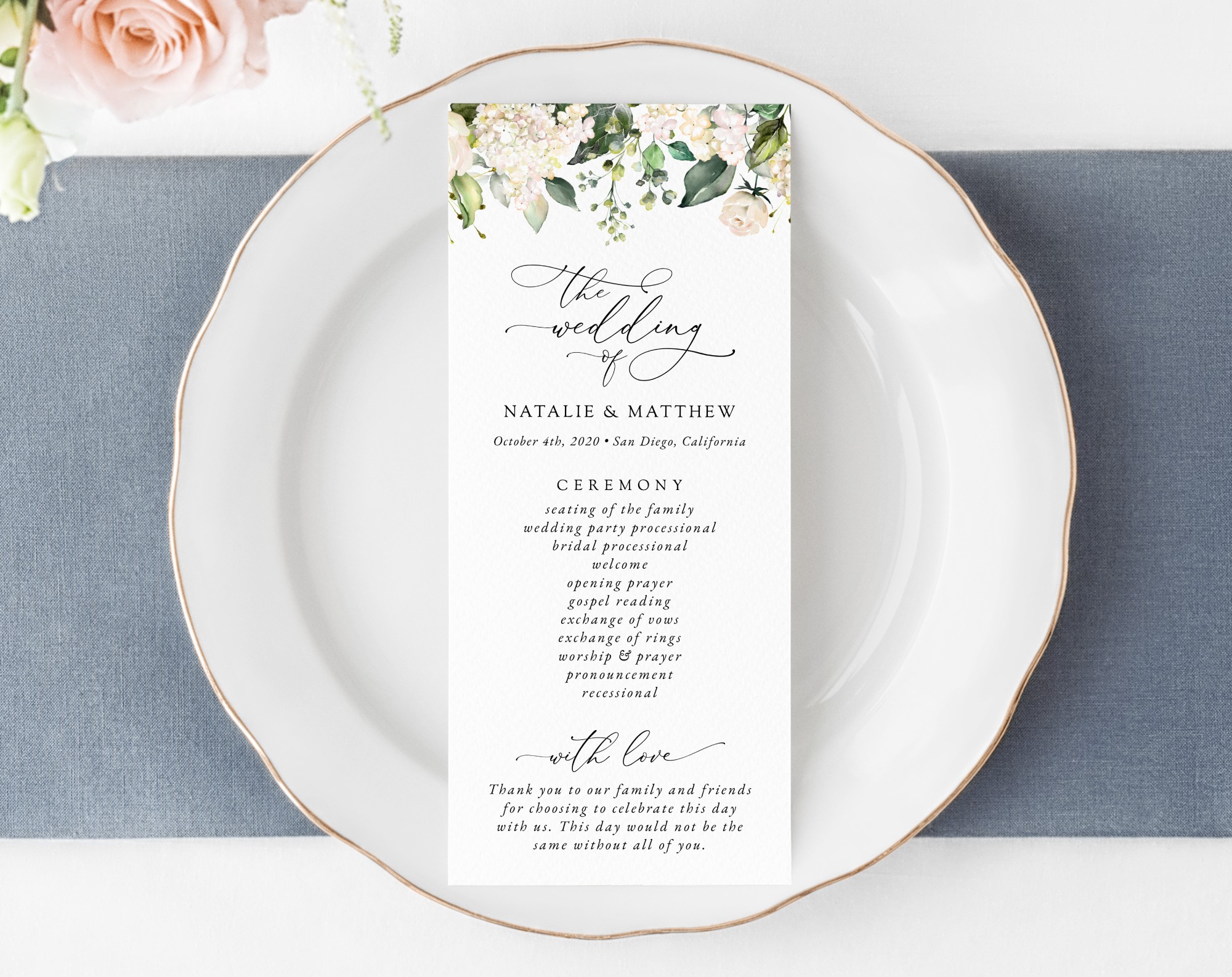 Cream White Flowers Wedding Program, Wedding Stationery, Printable File, Edit Yourself, SH133