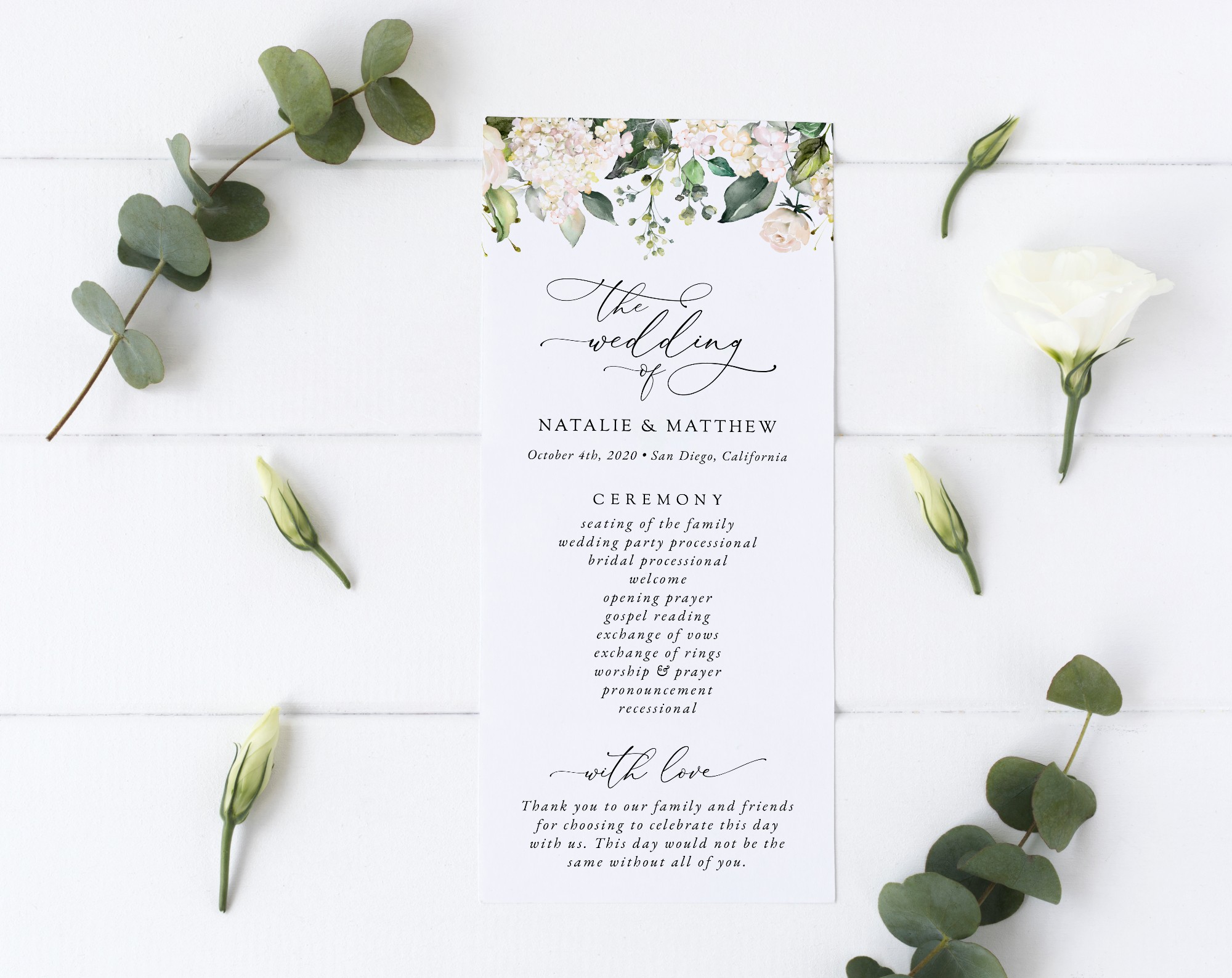 Cream White Flowers Wedding Program, Wedding Stationery, Printable File, Edit Yourself, SH133
