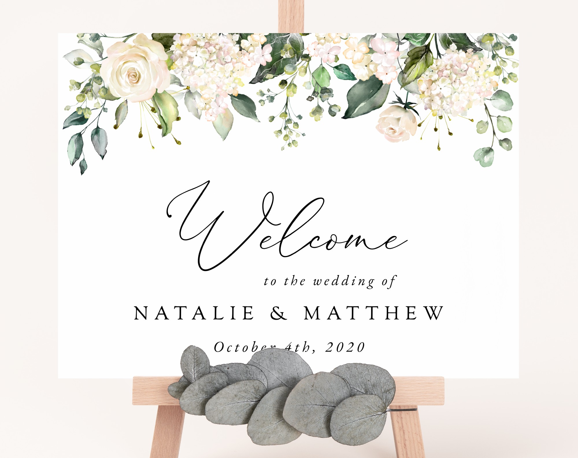 Cream White Flowers Welcome Sign, Wedding Sign, Printable File, Edit Yourself, SH133