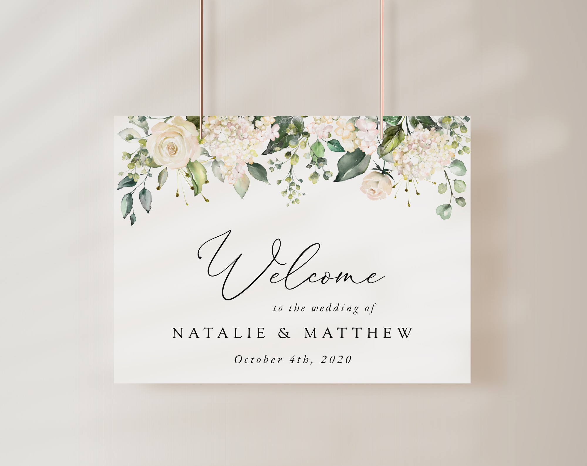 Cream White Flowers Welcome Sign, Wedding Sign, Printable File, Edit Yourself, SH133