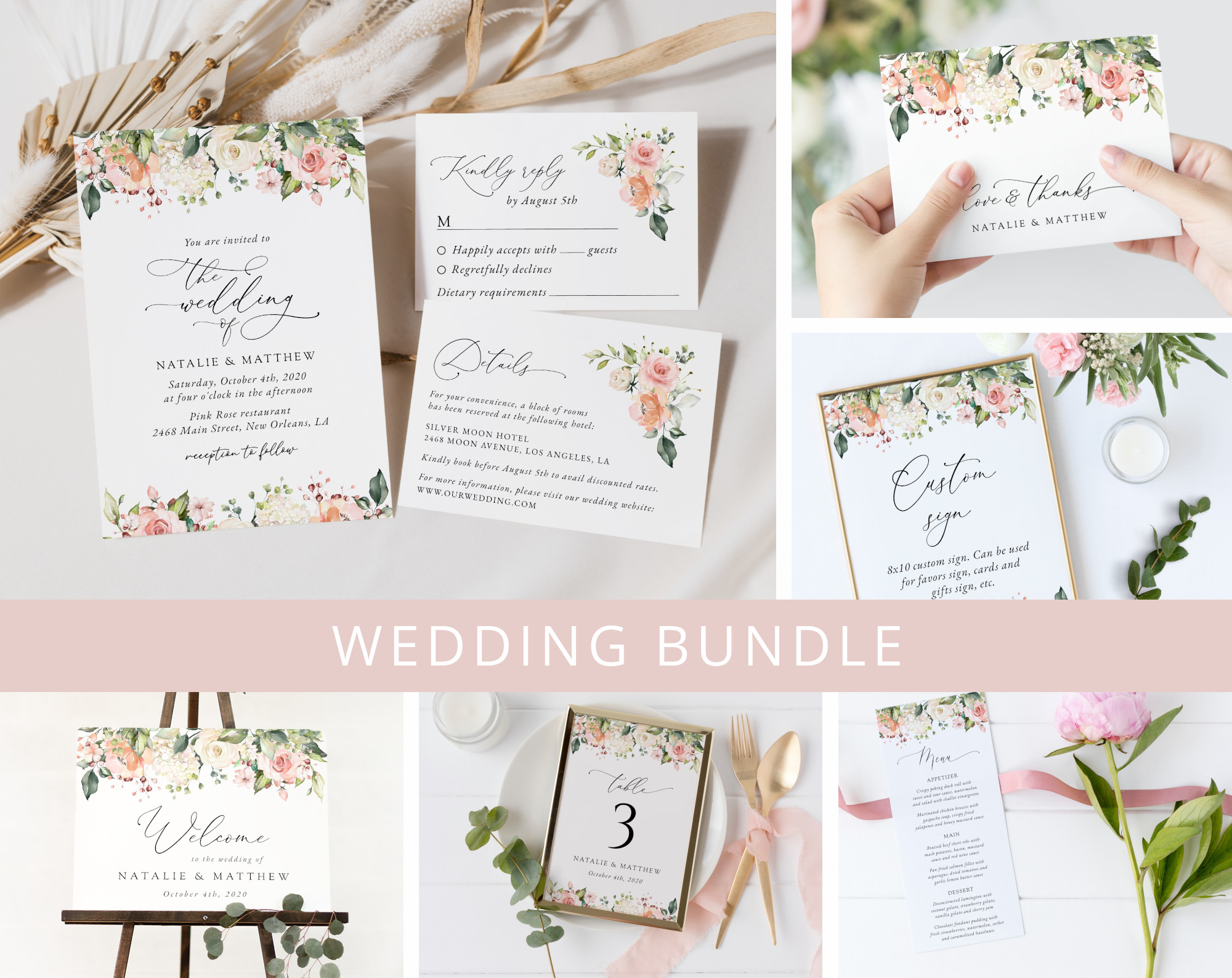 Pink, Orange and White Flowers Wedding Bundle, Printable File, Edit Yourself, SH134