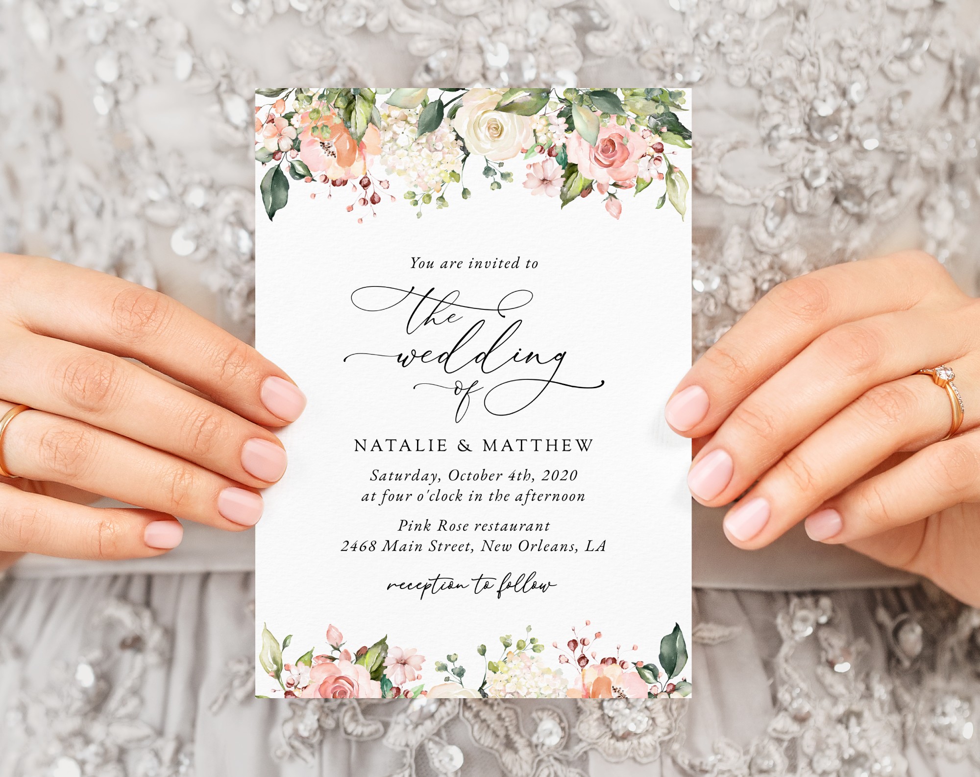 Pink, Orange and White Flowers Wedding Invitation, Wedding Stationery, Printable File, Edit Yourself, SH134