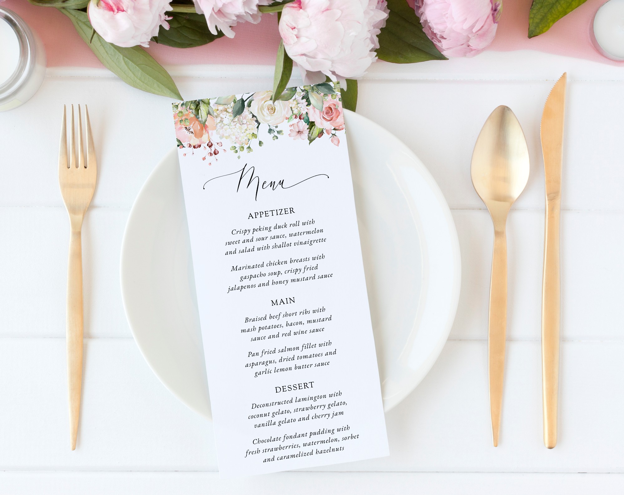 Pink, Orange and White Flowers Wedding Menu, Wedding Stationery, Printable File, Edit Yourself, SH134