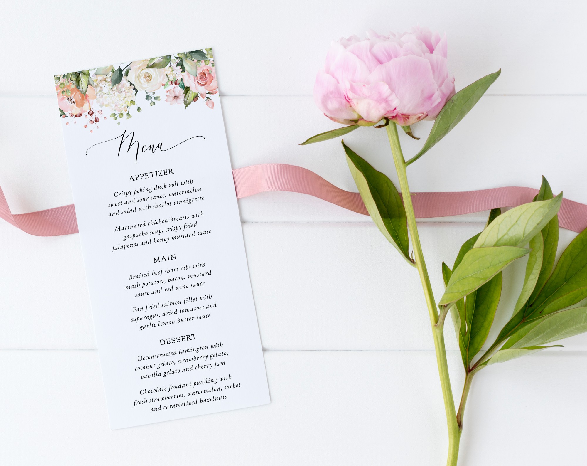 Pink, Orange and White Flowers Wedding Menu, Wedding Stationery, Printable File, Edit Yourself, SH134