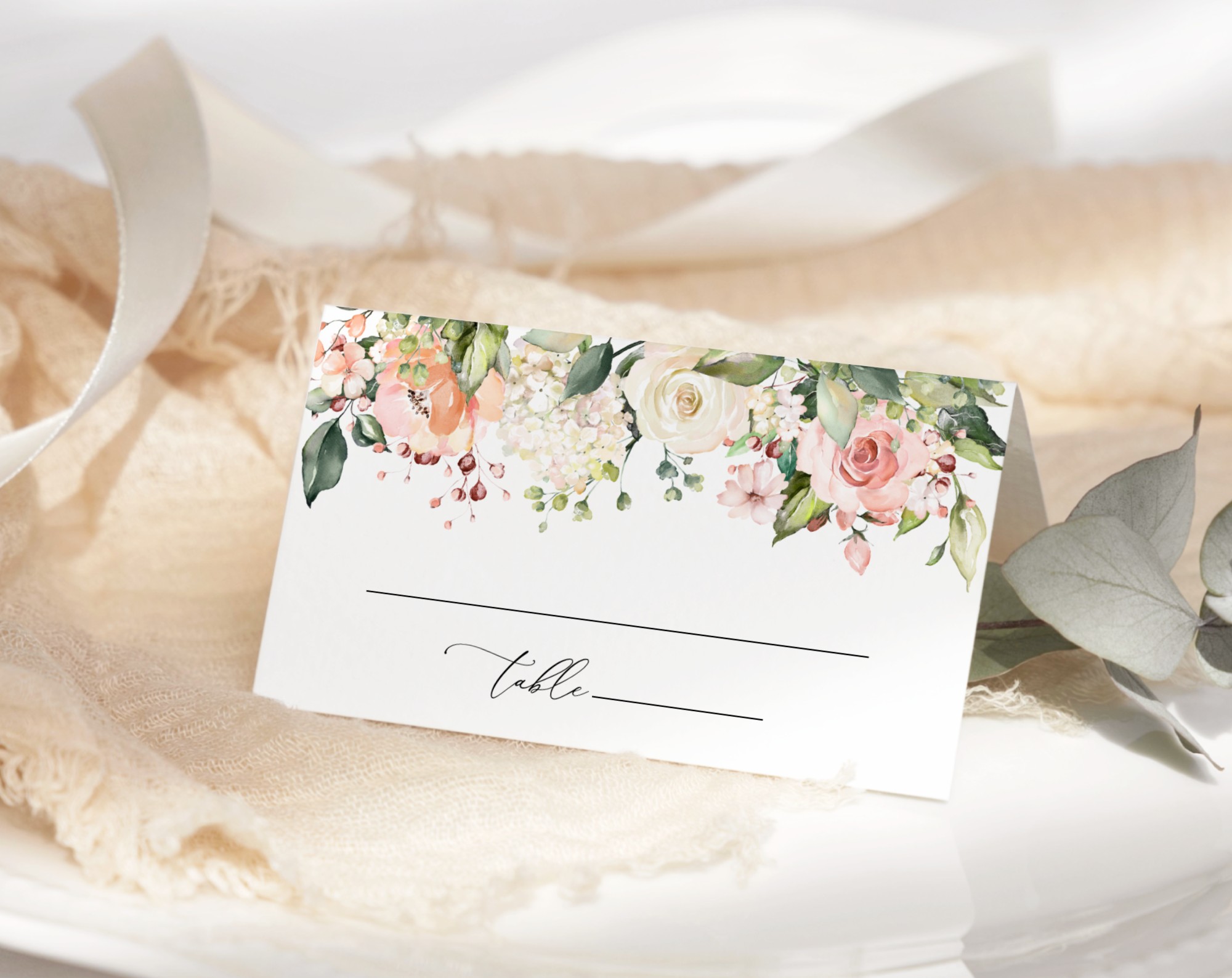 Pink, Orange and White Flowers Place Card, Wedding Stationery, Printable File, Edit Yourself, SH134