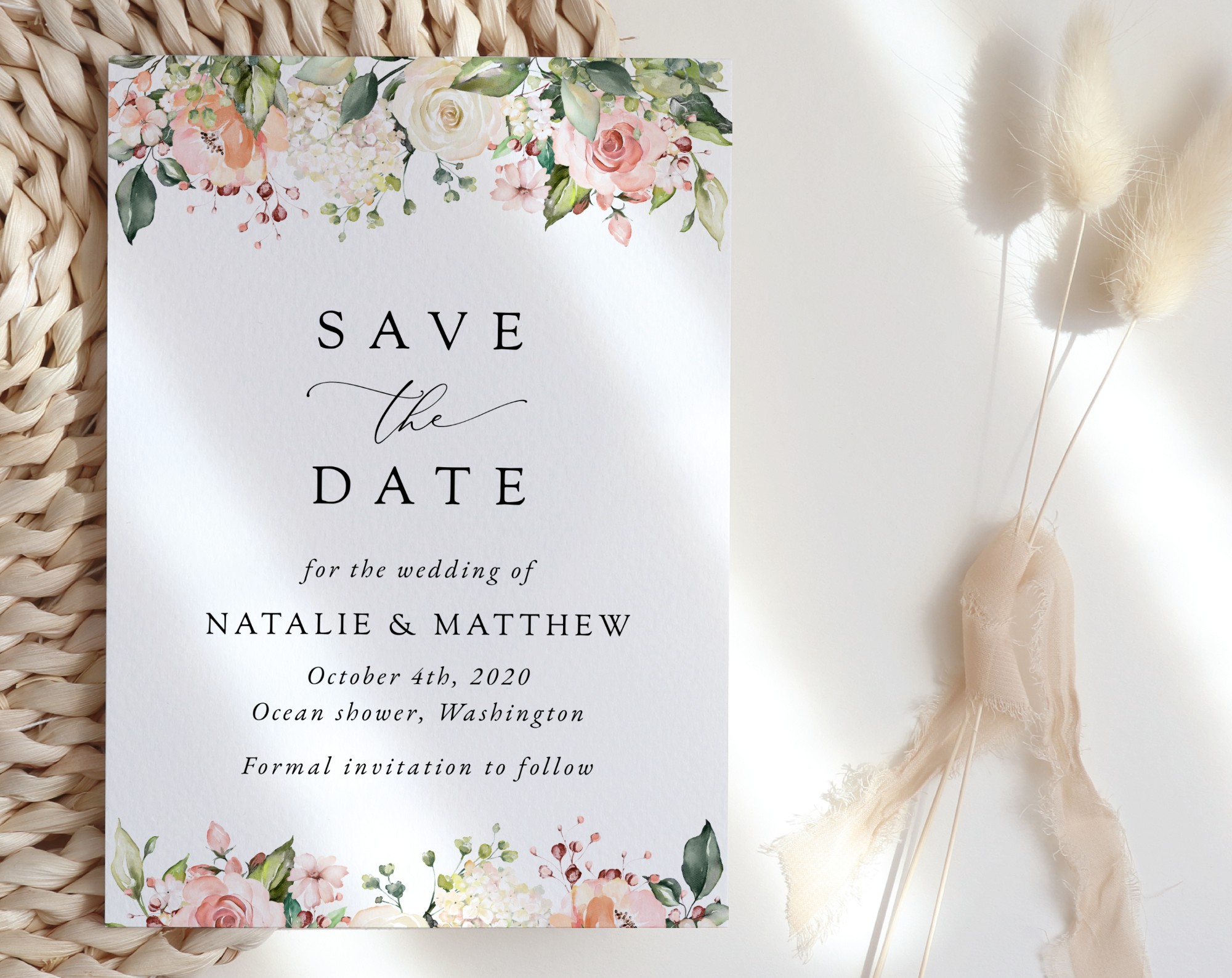 Pink, Orange and White Flowers Save the Date, Wedding Stationery, Printable File, Edit Yourself, SH134