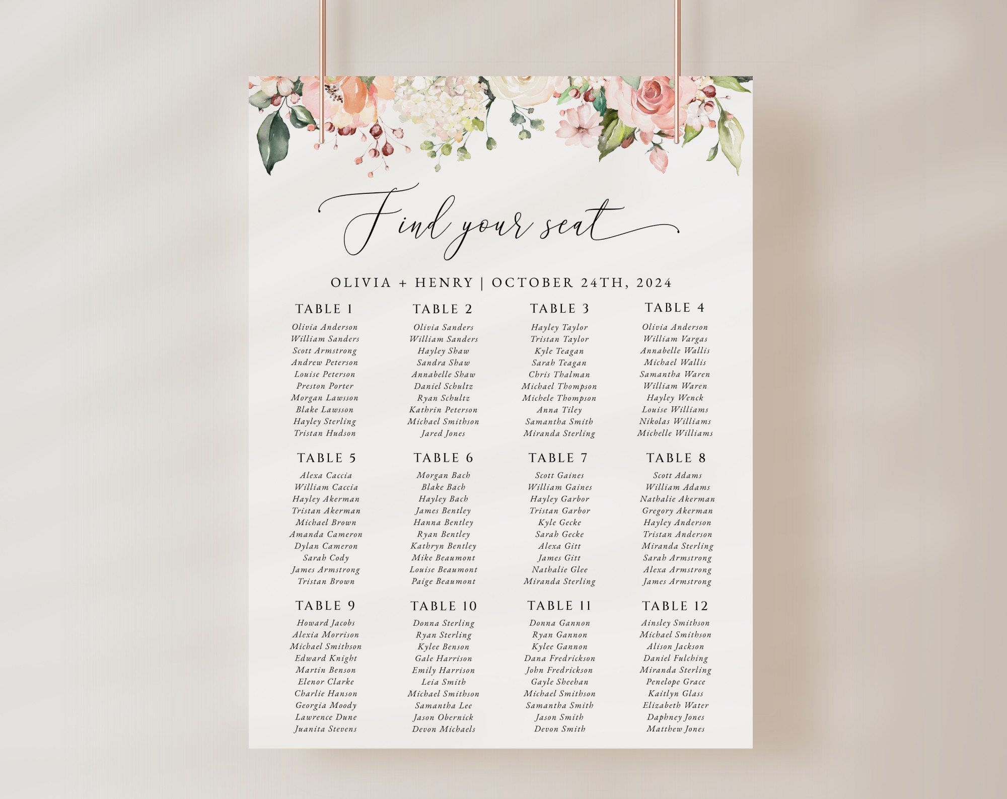 Pink, Orange and White Flowers Seating Chart, Wedding Sign, Printable File, Edit Yourself, SH134