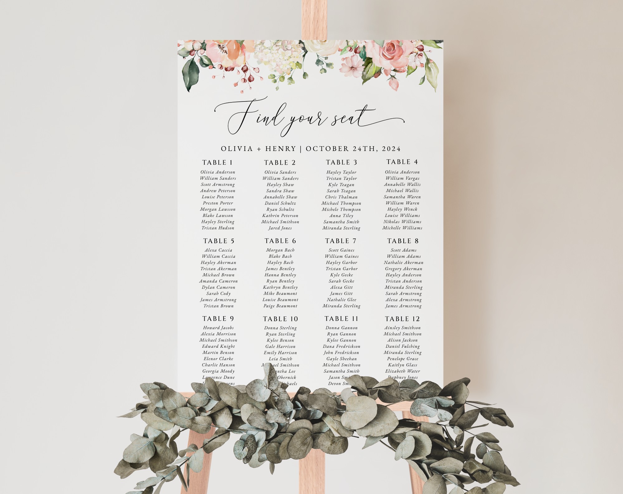 Pink, Orange and White Flowers Seating Chart, Wedding Sign, Printable File, Edit Yourself, SH134