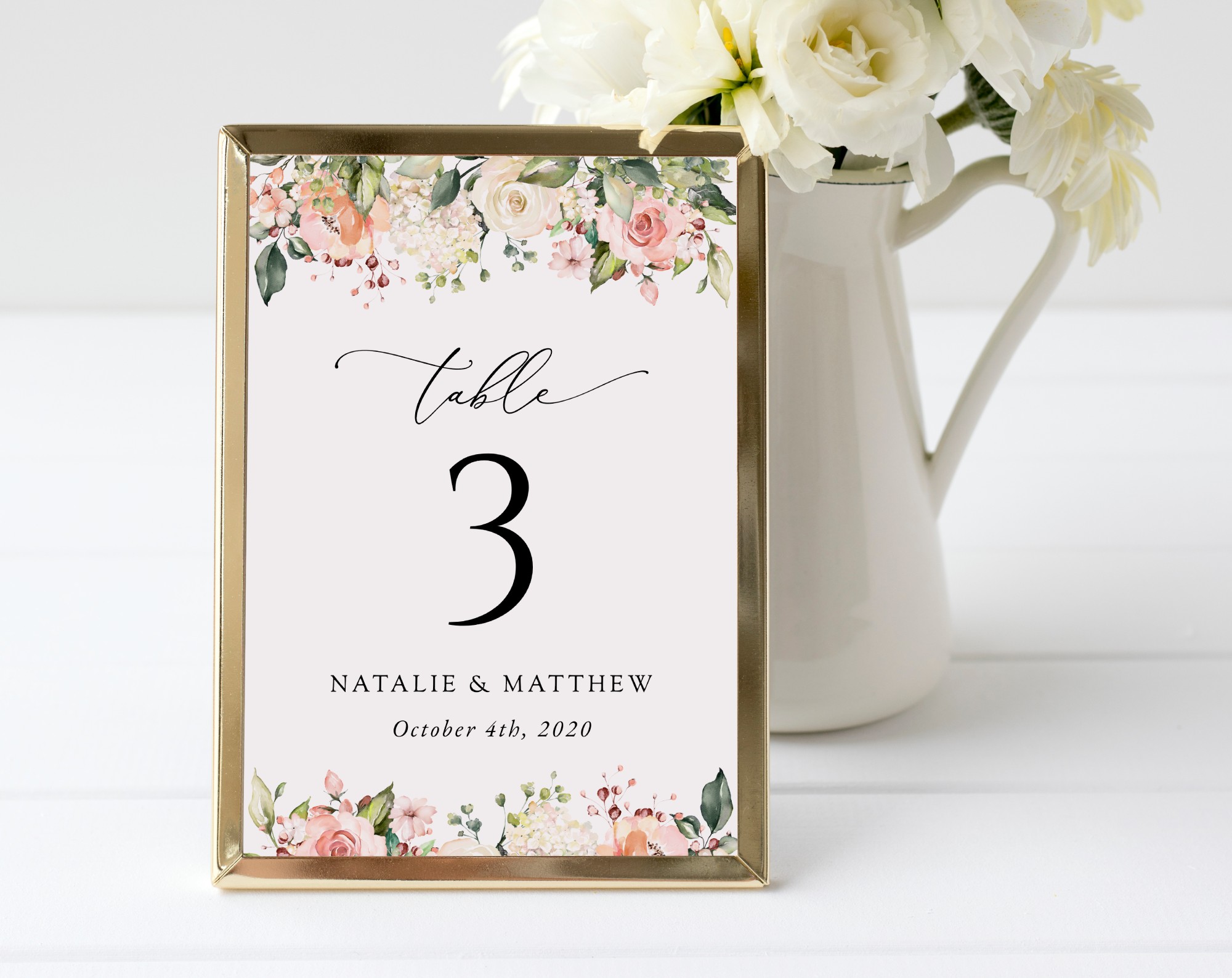 Pink, Orange and White Flowers Table Number Sign, Wedding Sign, Printable File, Edit Yourself, SH134
