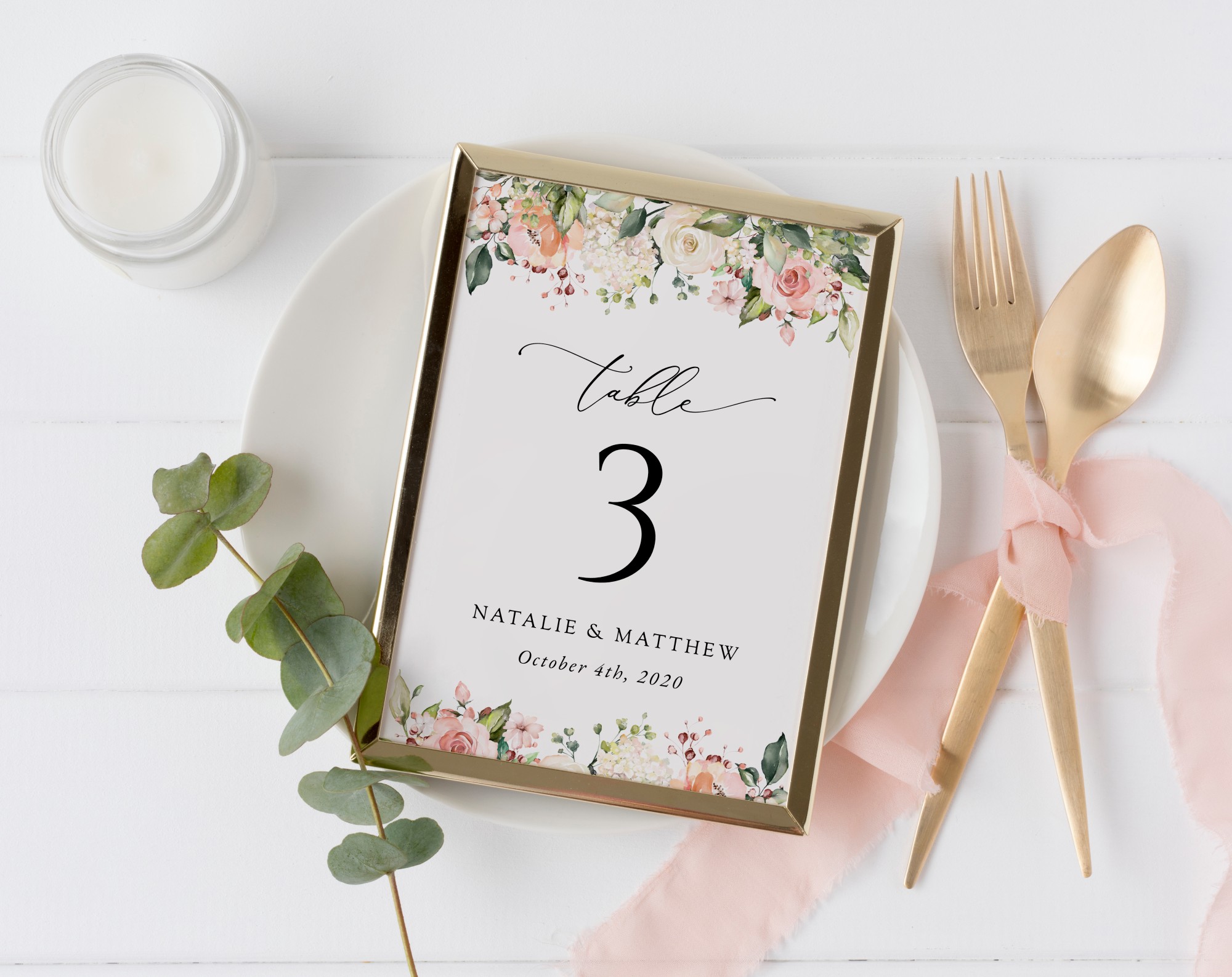 Pink, Orange and White Flowers Table Number Sign, Wedding Sign, Printable File, Edit Yourself, SH134