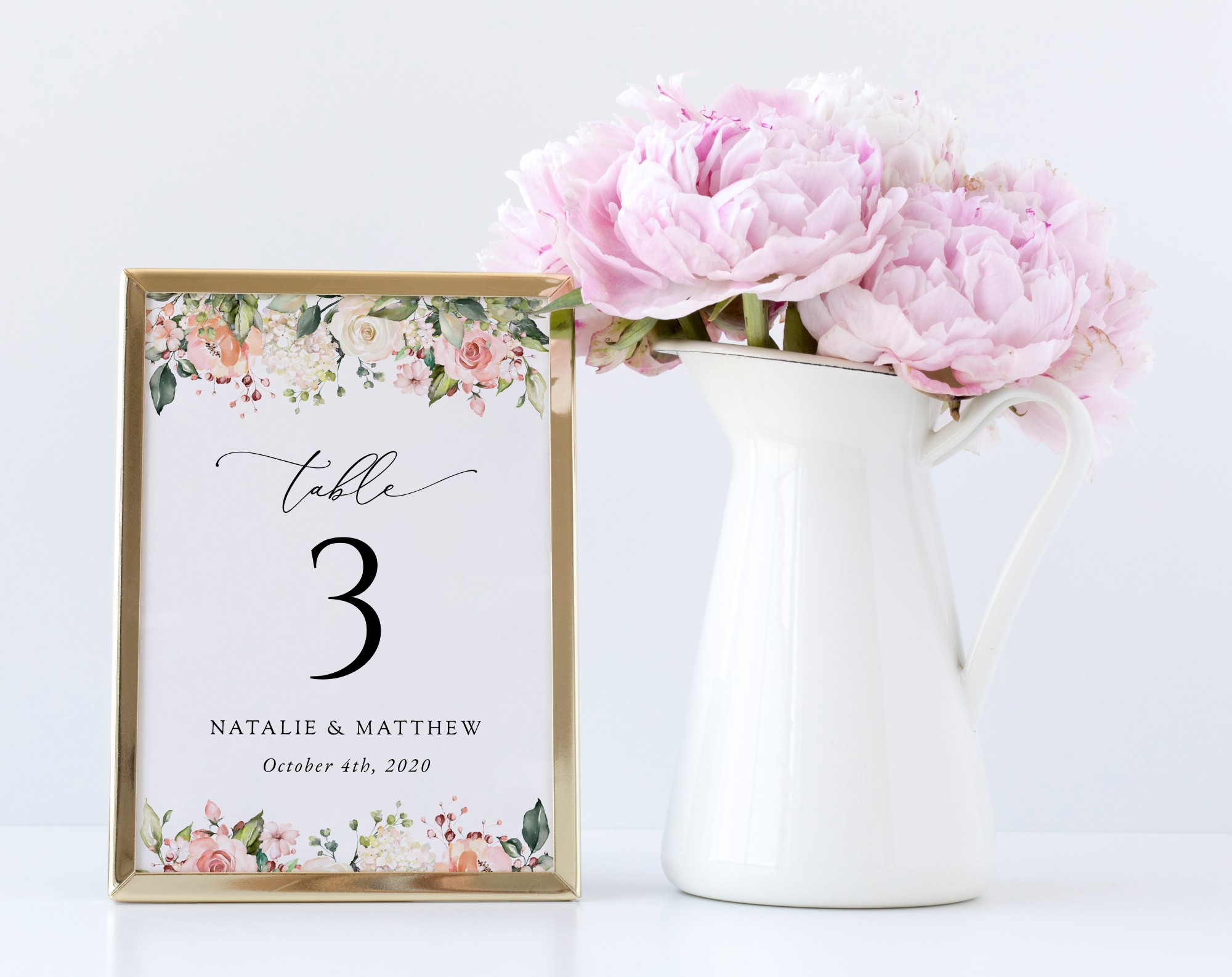 Pink, Orange and White Flowers Table Number Sign, Wedding Sign, Printable File, Edit Yourself, SH134