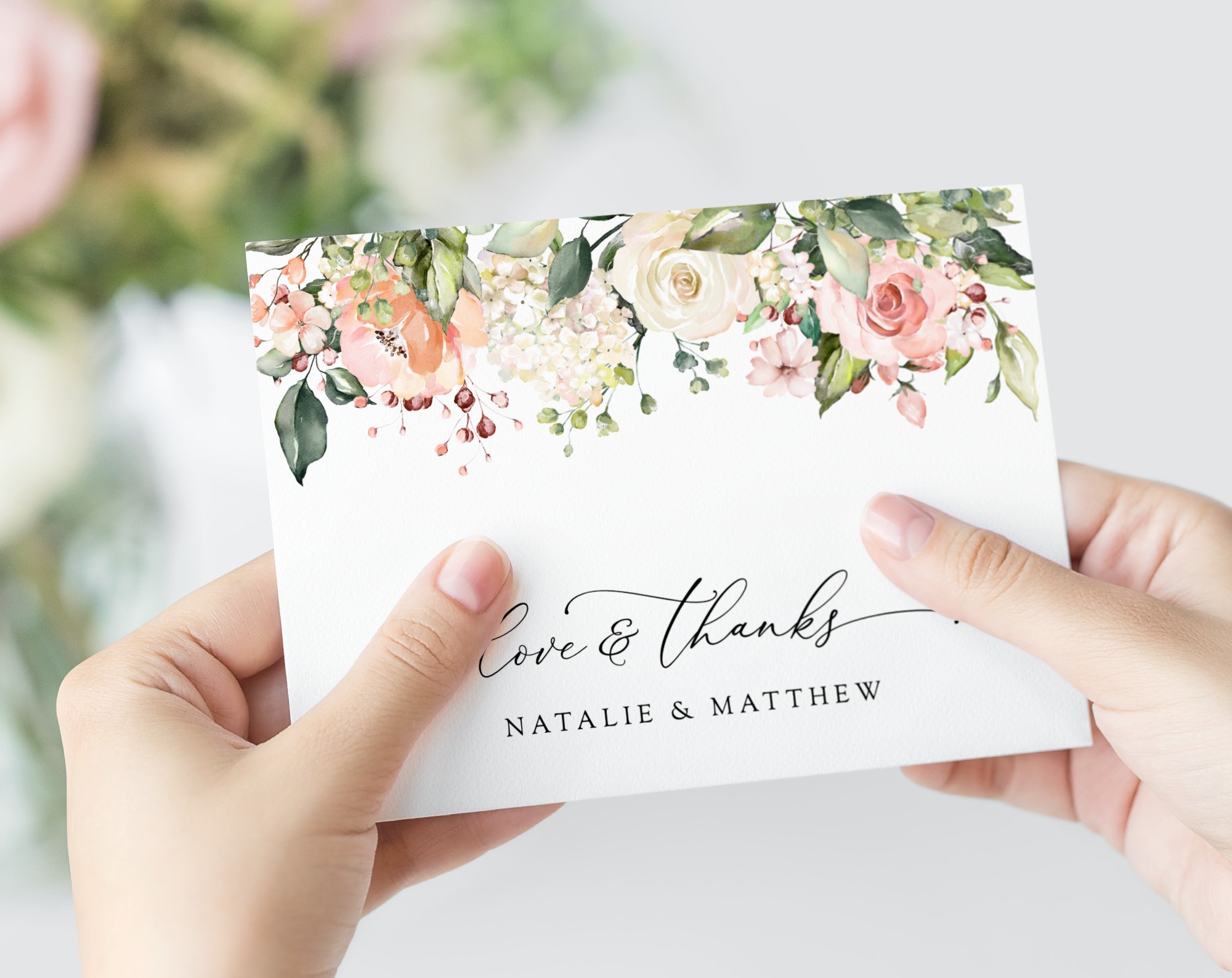 Pink, Orange and White Flowers Thank You Card, Wedding Stationery, Printable File, Edit Yourself, SH134