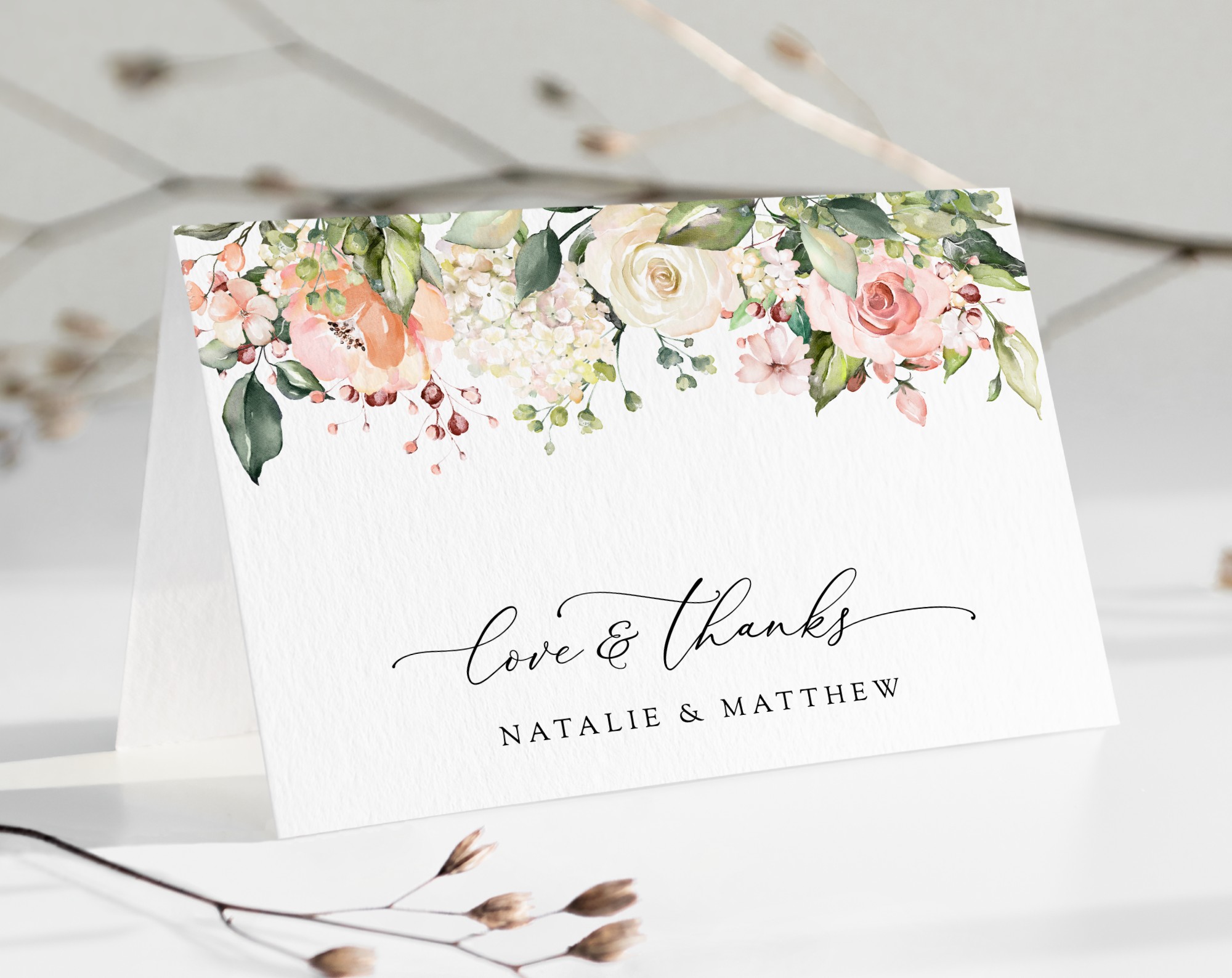 Pink, Orange and White Flowers Thank You Card, Wedding Stationery, Printable File, Edit Yourself, SH134