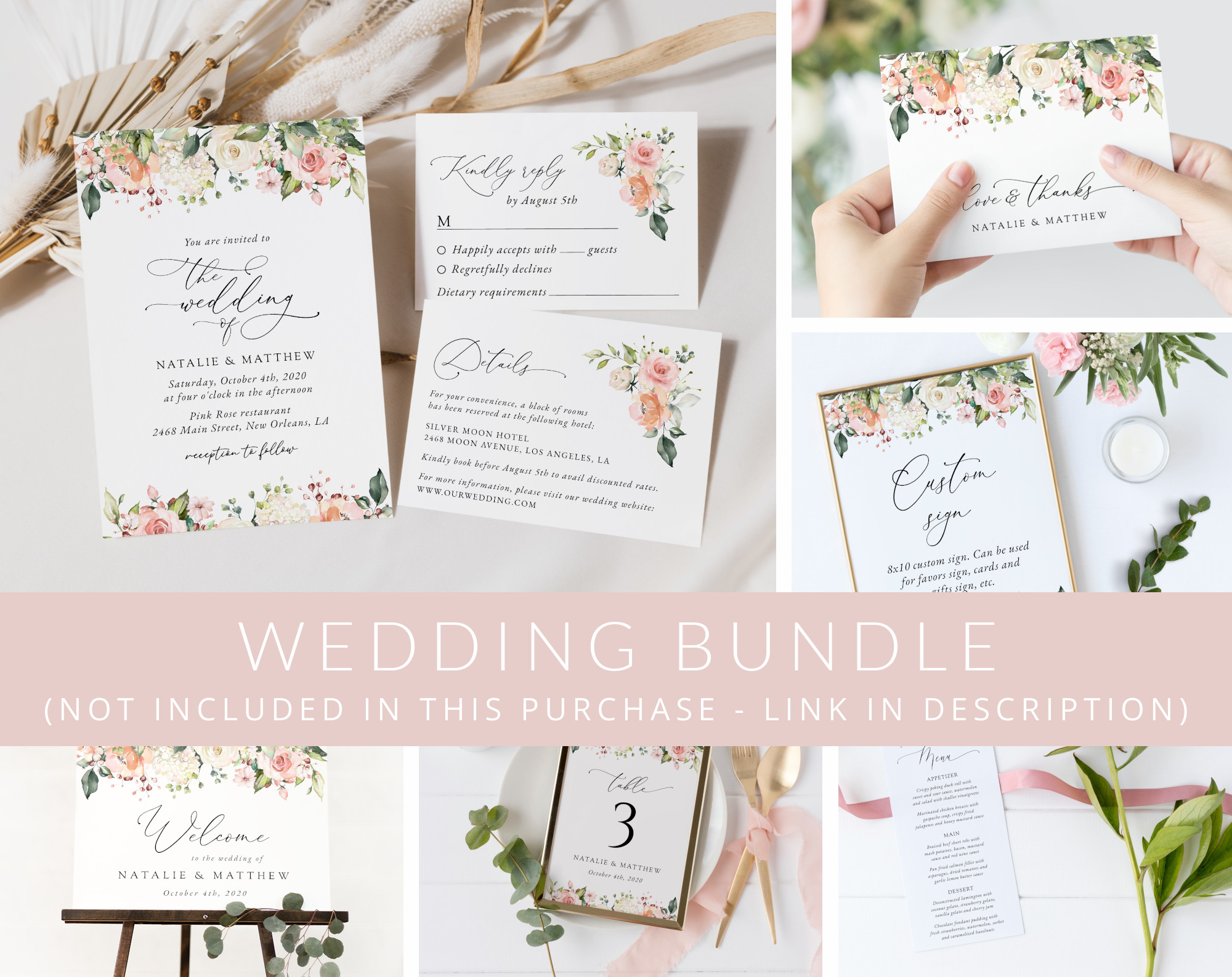 Pink, Orange and White Flowers Wedding Bundle, Printable File, Edit Yourself, SH134