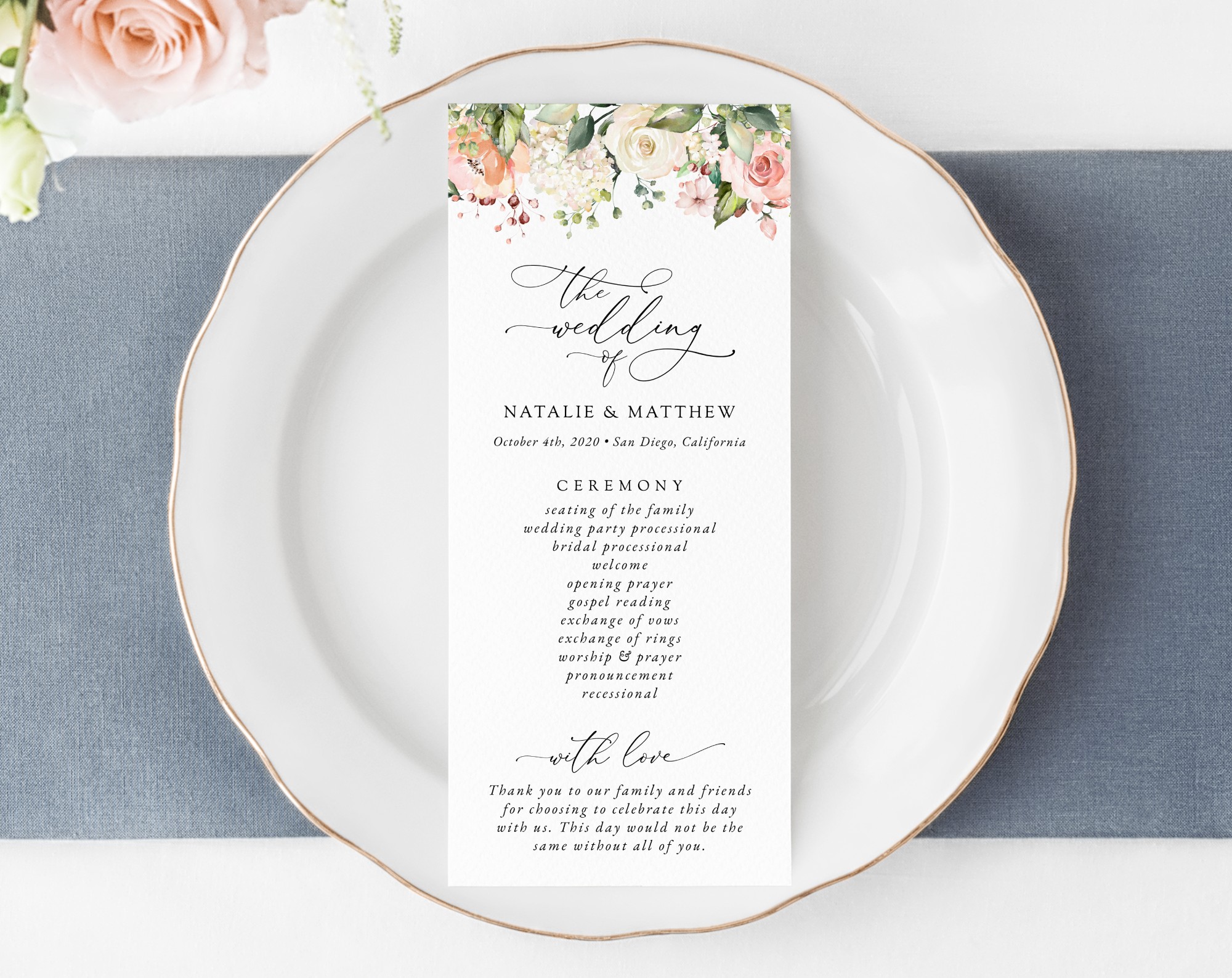 Pink, Orange and White Flowers Wedding Program, Wedding Stationery, Printable File, Edit Yourself, SH134
