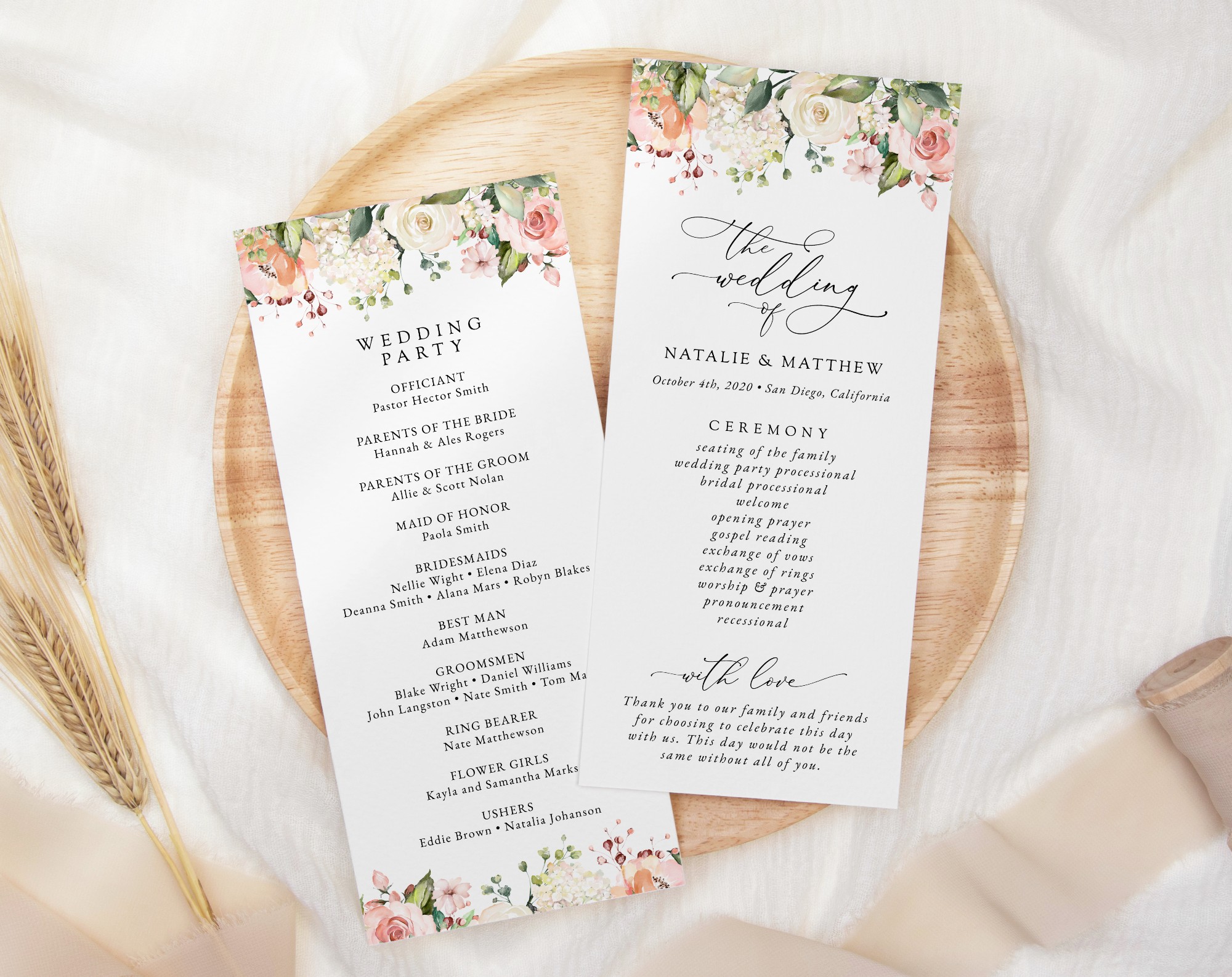 Pink, Orange and White Flowers Wedding Program, Wedding Stationery, Printable File, Edit Yourself, SH134