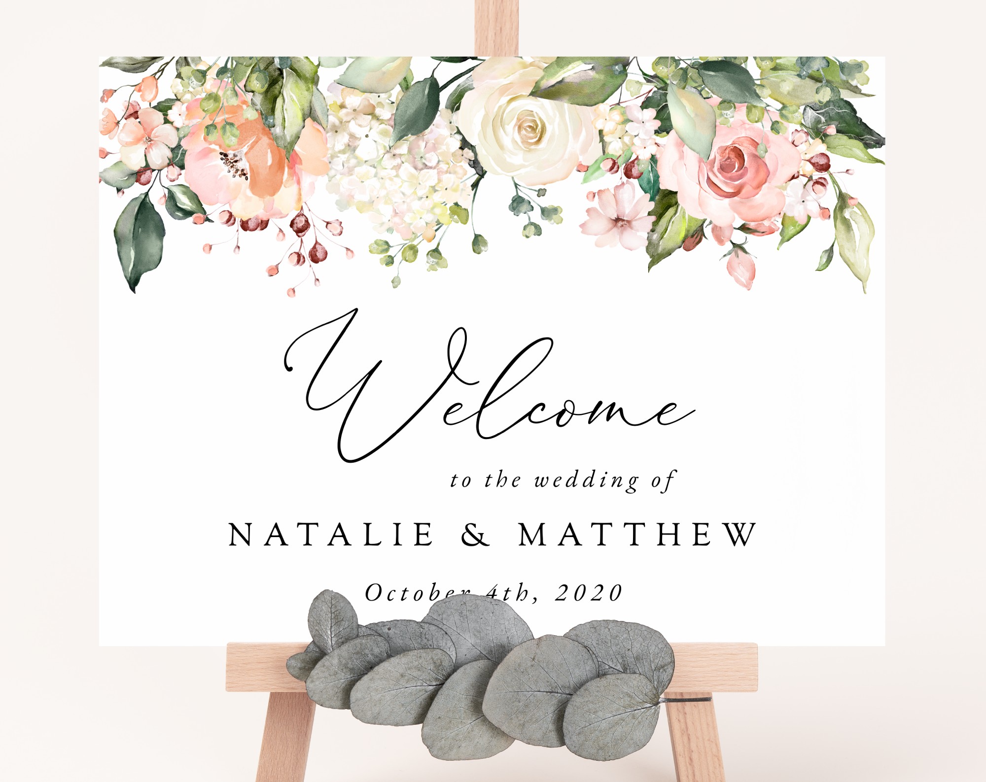 Pink, Orange and White Flowers Welcome Sign, Wedding Sign, Printable File, Edit Yourself, SH134
