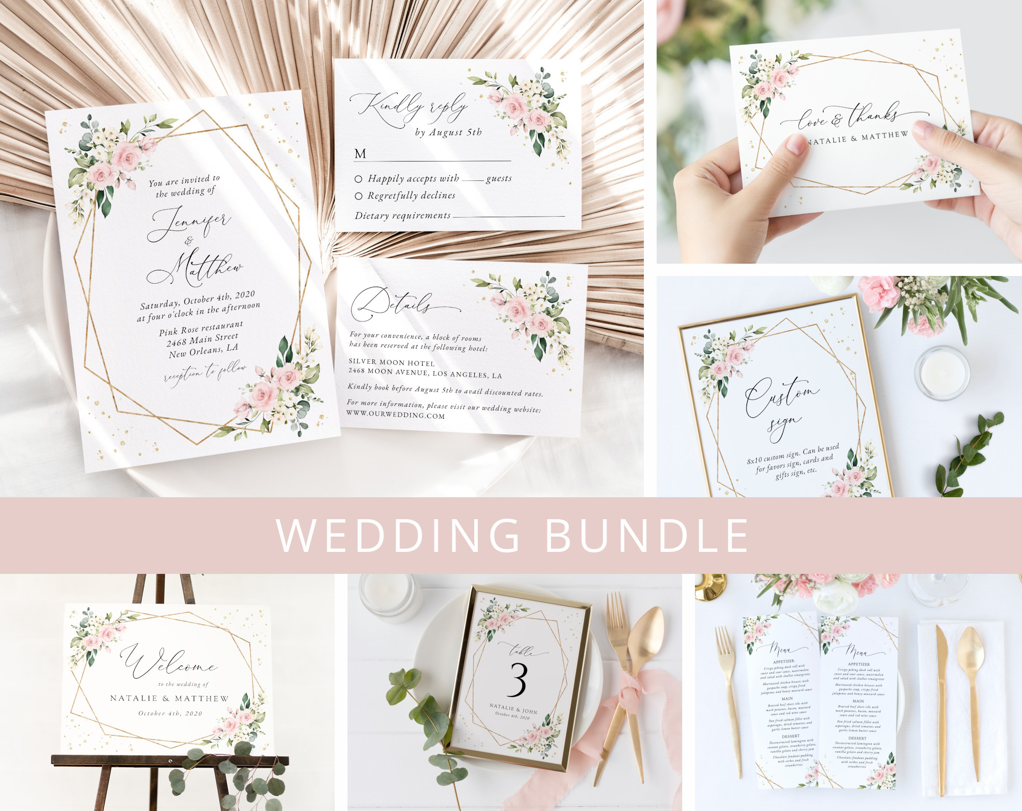 Pink Flowers and Gold Confetti Wedding Bundle, Printable File, Edit Yourself, SH135 Pink Flowers and Gold Confetti Wedding Bundle, Printable File, Edit Yourself, SH135