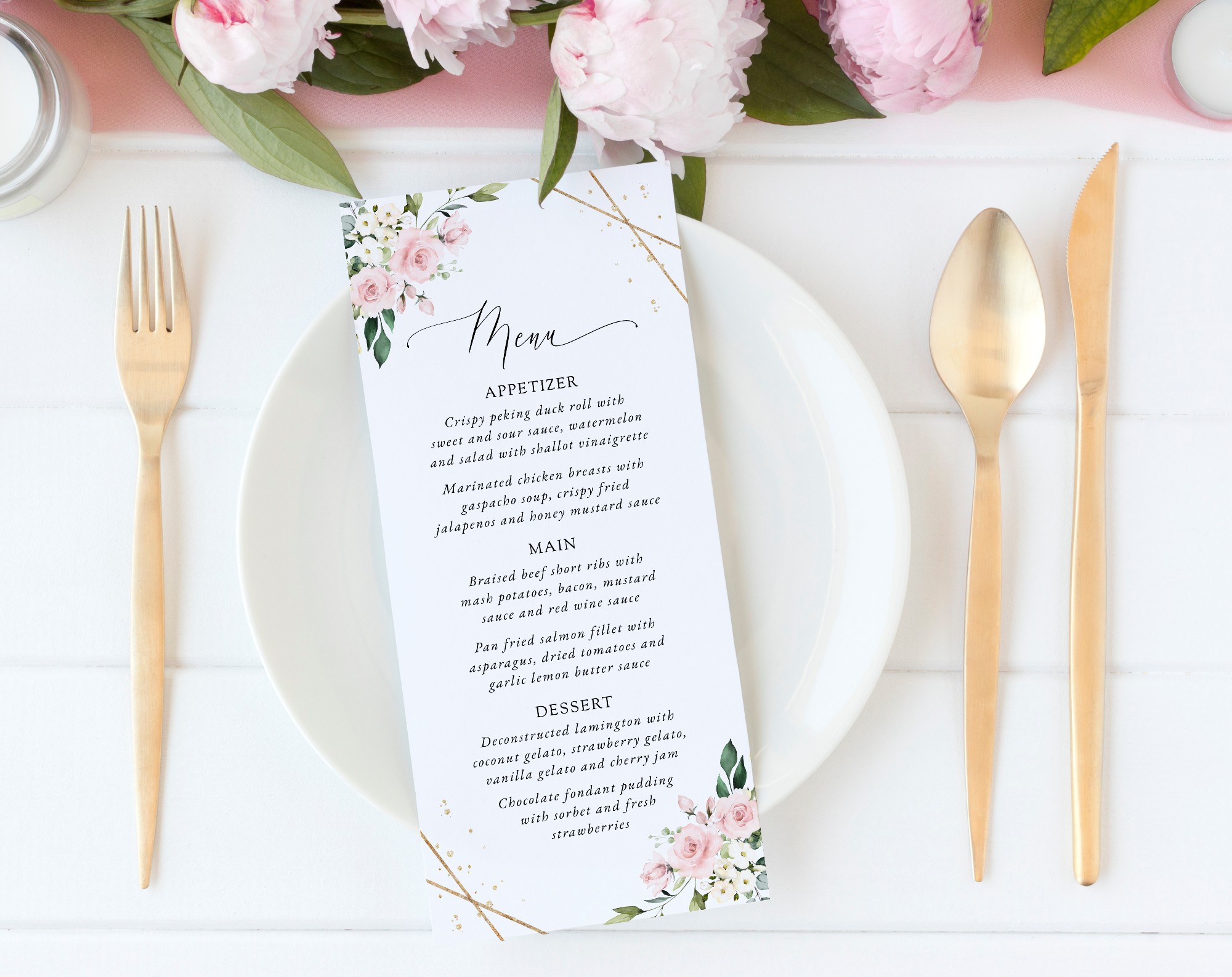 Pink Flowers and Gold Confetti Wedding Menu, Wedding Stationery, Printable File, Edit Yourself, SH135 Pink Flowers and Gold Confetti Wedding Menu, Wedding Stationery, Printable File, Edit Yourself, SH135