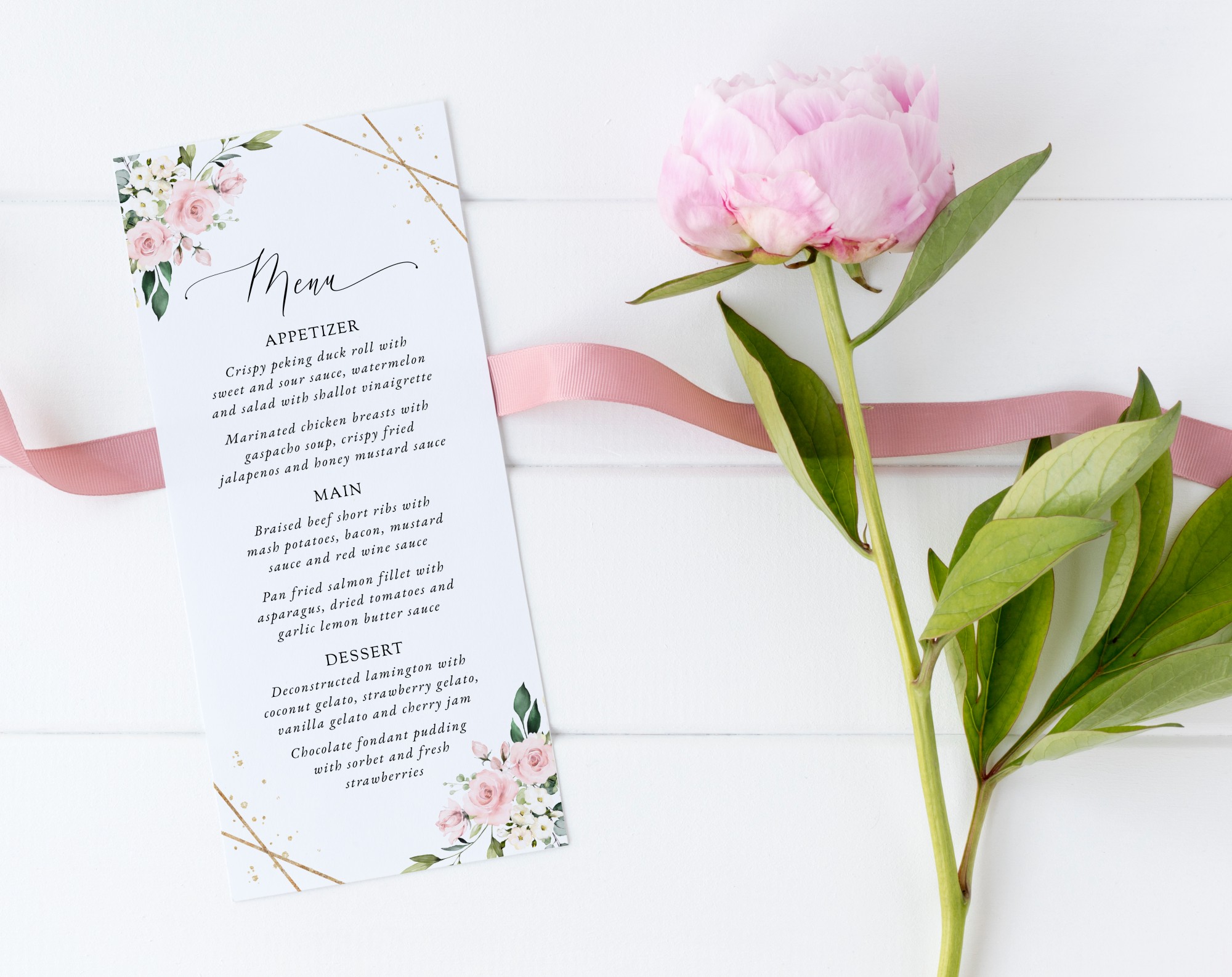 Pink Flowers and Gold Confetti Wedding Menu, Wedding Stationery, Printable File, Edit Yourself, SH135