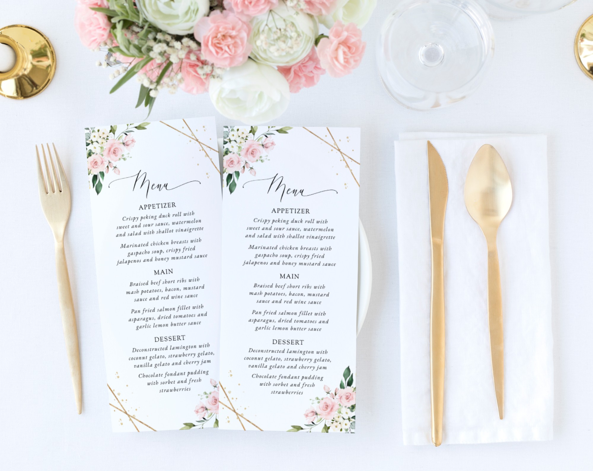 Pink Flowers and Gold Confetti Wedding Menu, Wedding Stationery, Printable File, Edit Yourself, SH135