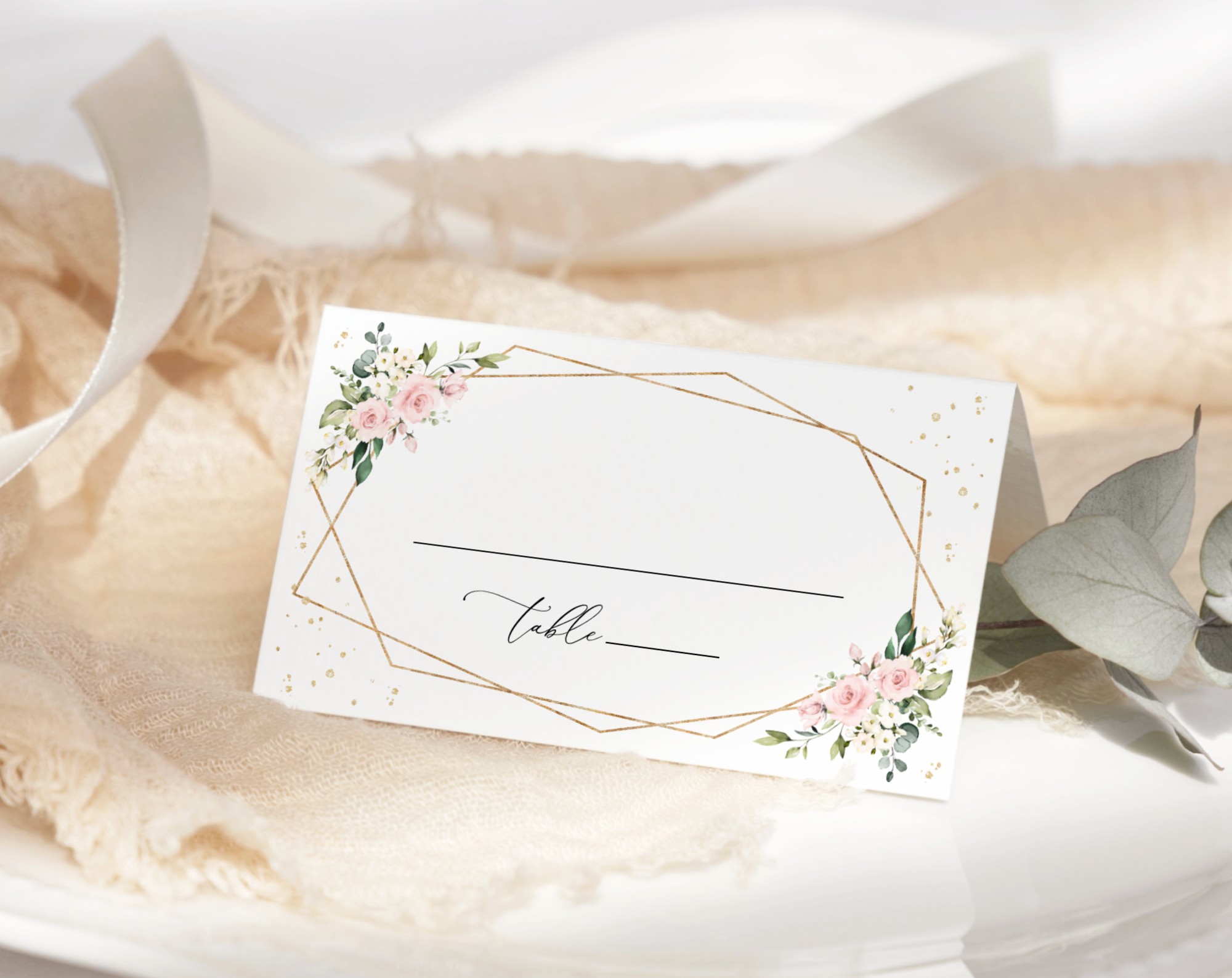 Pink Flowers and Gold Confetti Place Card, Wedding Stationery, Printable File, Edit Yourself, SH135