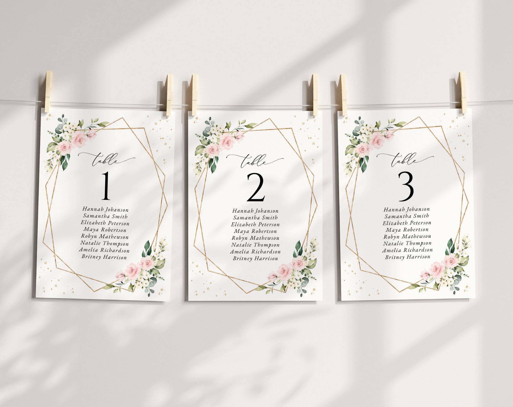 Pink Flowers and Gold Confetti Seating Cards, Wedding Stationery, Printable File, Edit Yourself, SH135