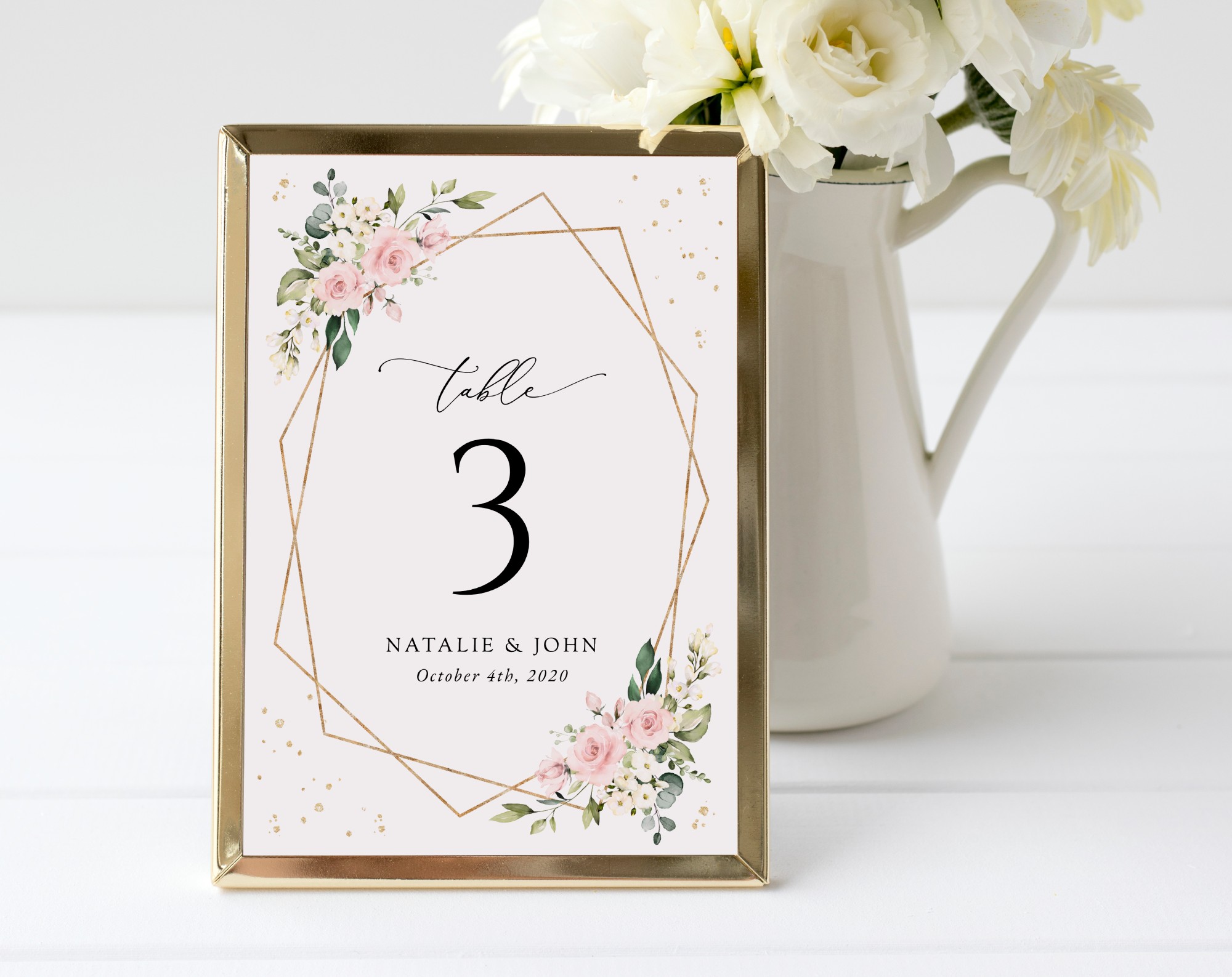 Pink Flowers and Gold Confetti Table Number Sign, Wedding Sign, Printable File, Edit Yourself, SH135
