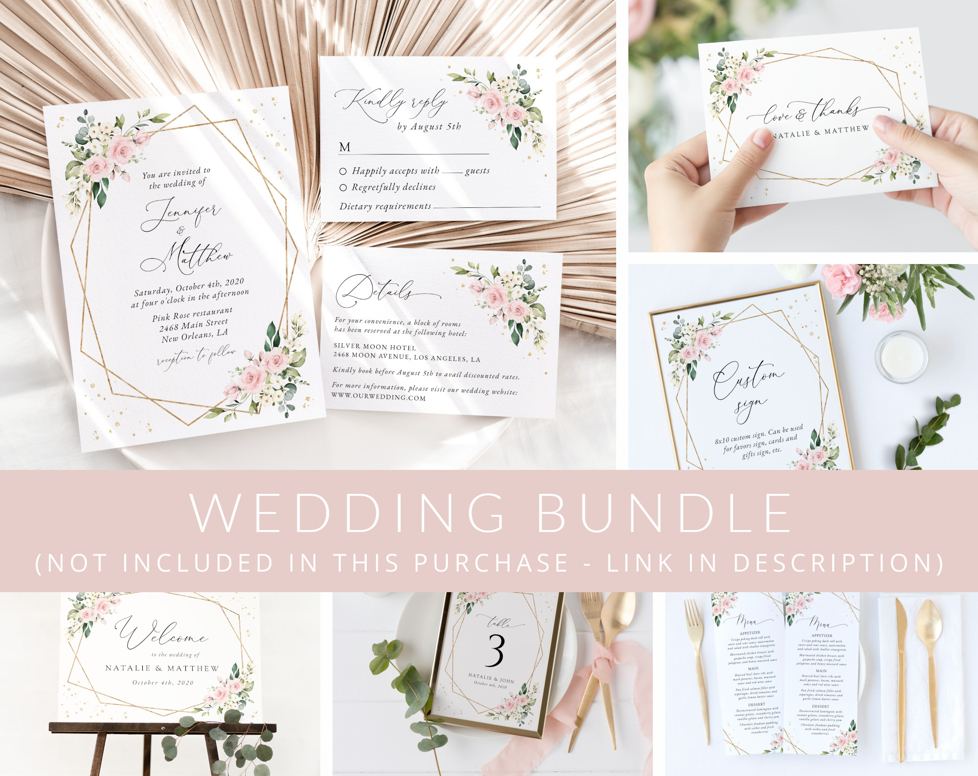 Pink Flowers and Gold Confetti Wedding Bundle, Printable File, Edit Yourself, SH135