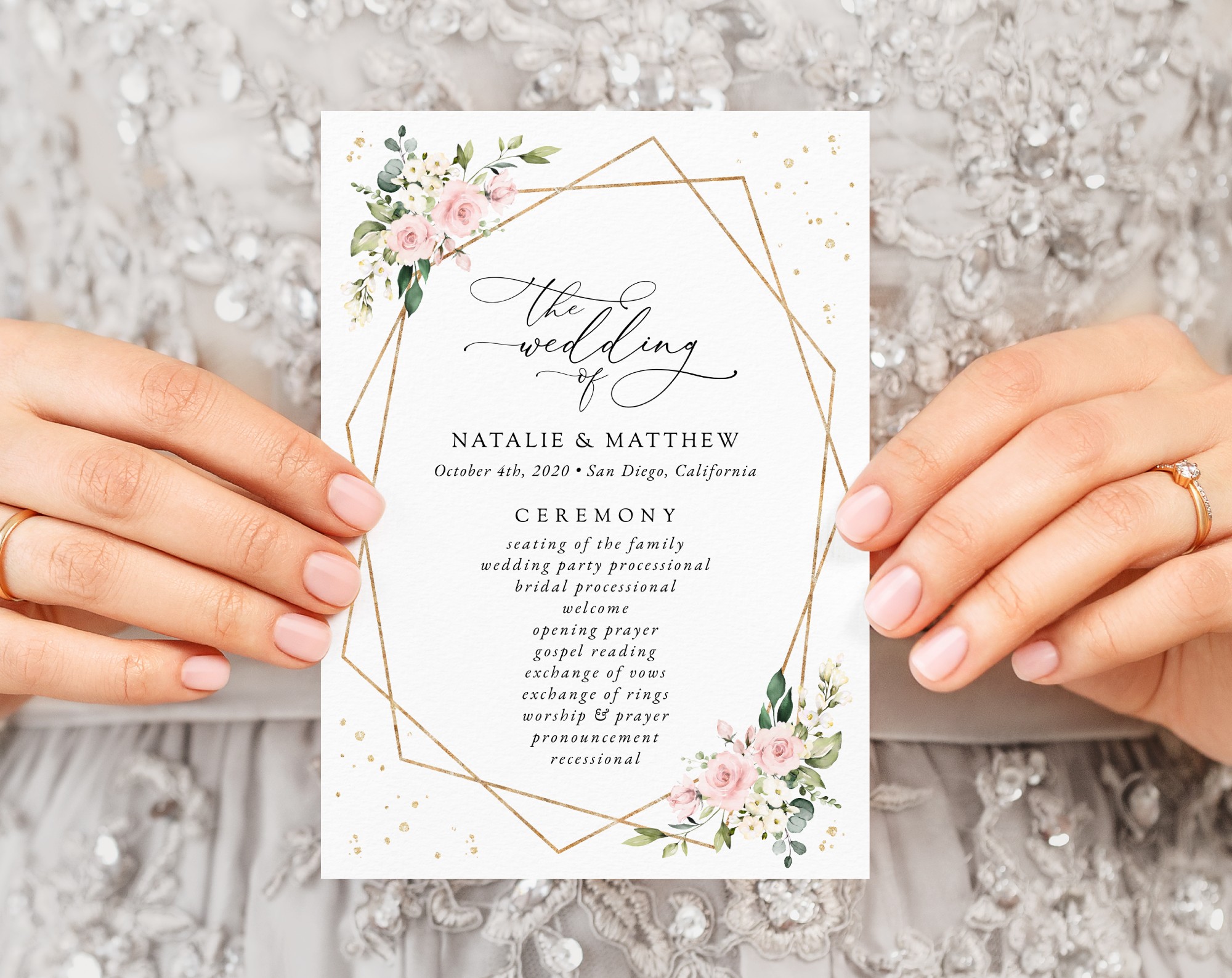 Pink Flowers and Gold Confetti Wedding Program, Wedding Stationery, Printable File, Edit Yourself, SH135