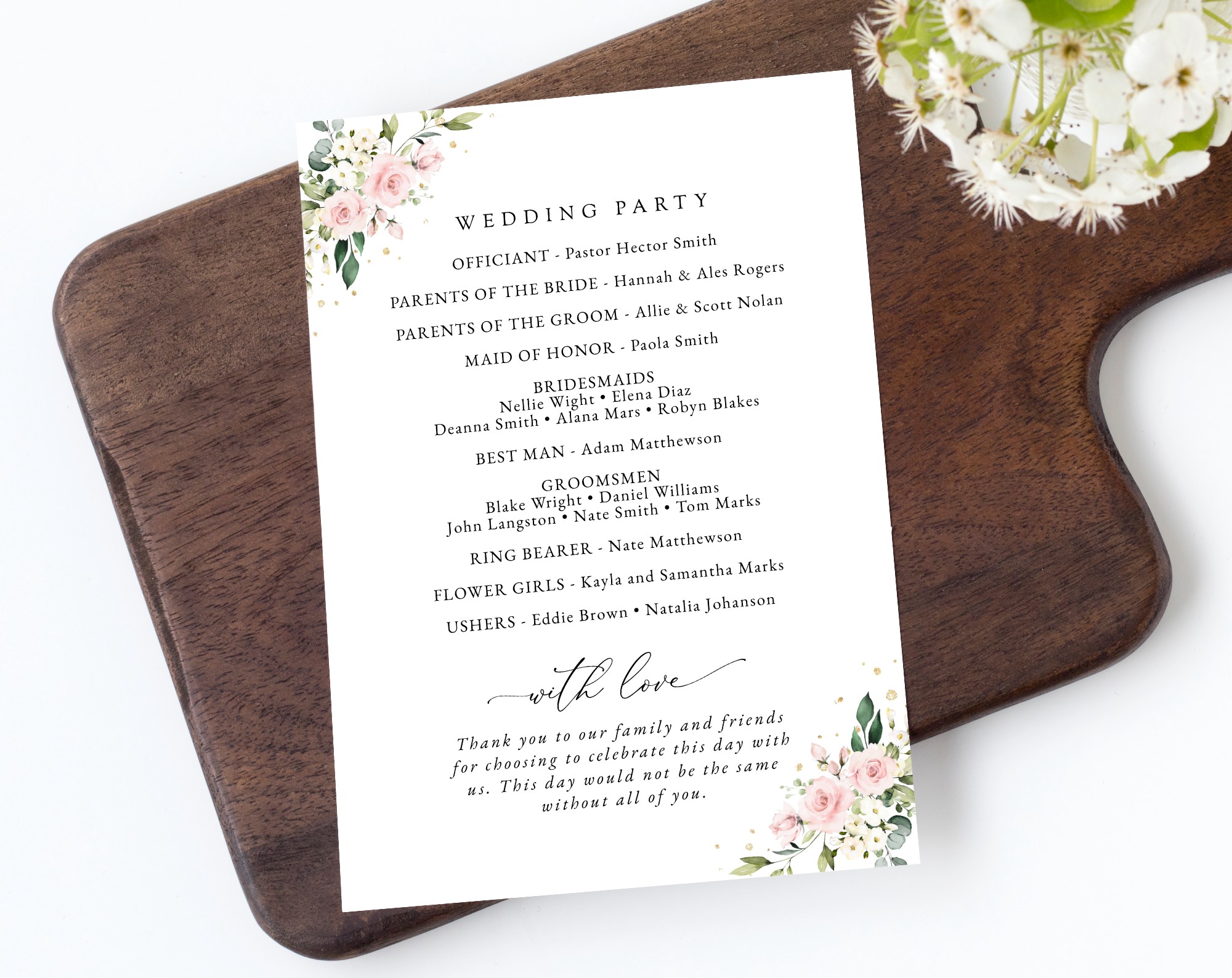 Pink Flowers and Gold Confetti Wedding Program, Wedding Stationery, Printable File, Edit Yourself, SH135