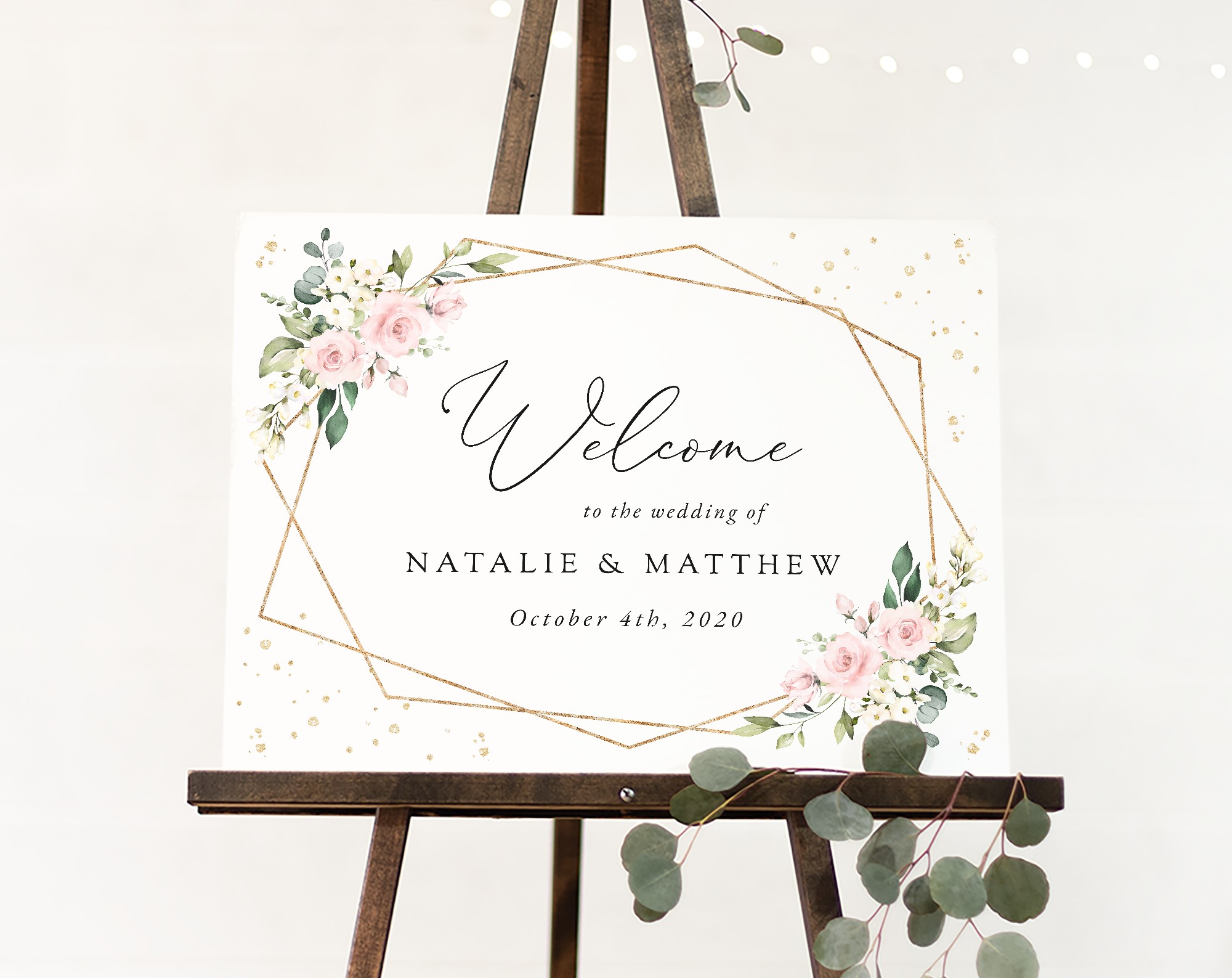 Pink Flowers and Gold Confetti Welcome Sign, Wedding Sign, Printable File, Edit Yourself, SH135