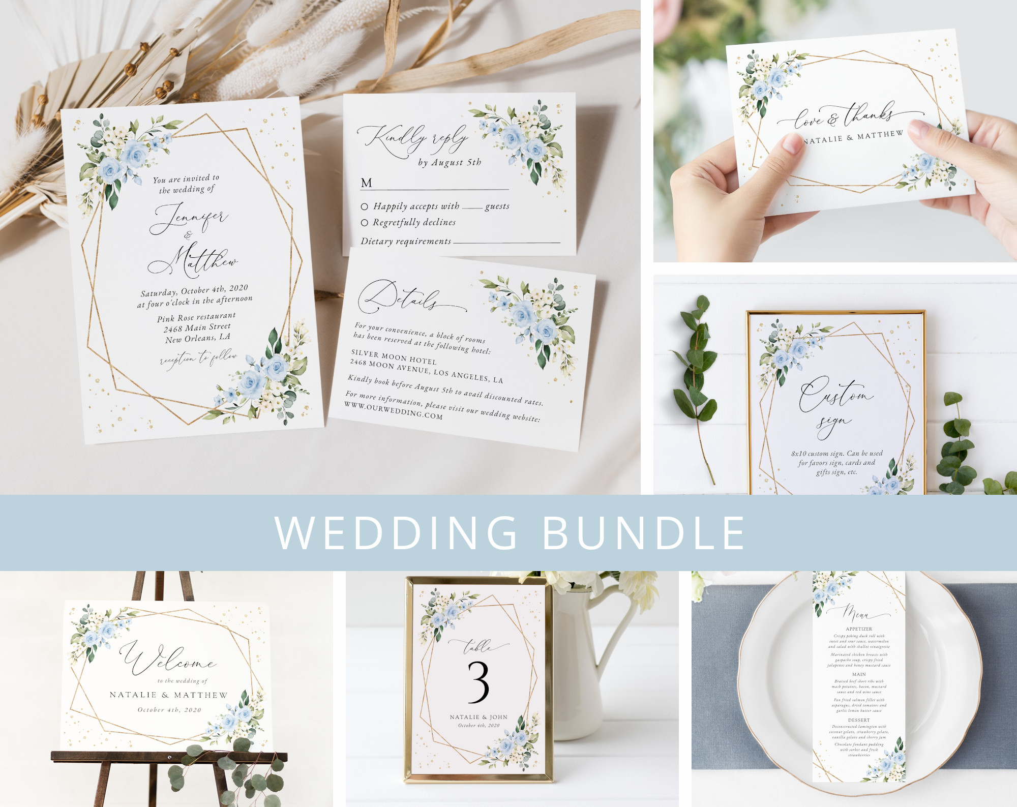 Blue Flowers and Gold Confetti Wedding Bundle, Printable File, Edit Yourself, SH136