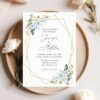 Blue Flowers and Gold Confetti Wedding Invitation, Wedding Stationery, Printable File, Edit Yourself, SH136