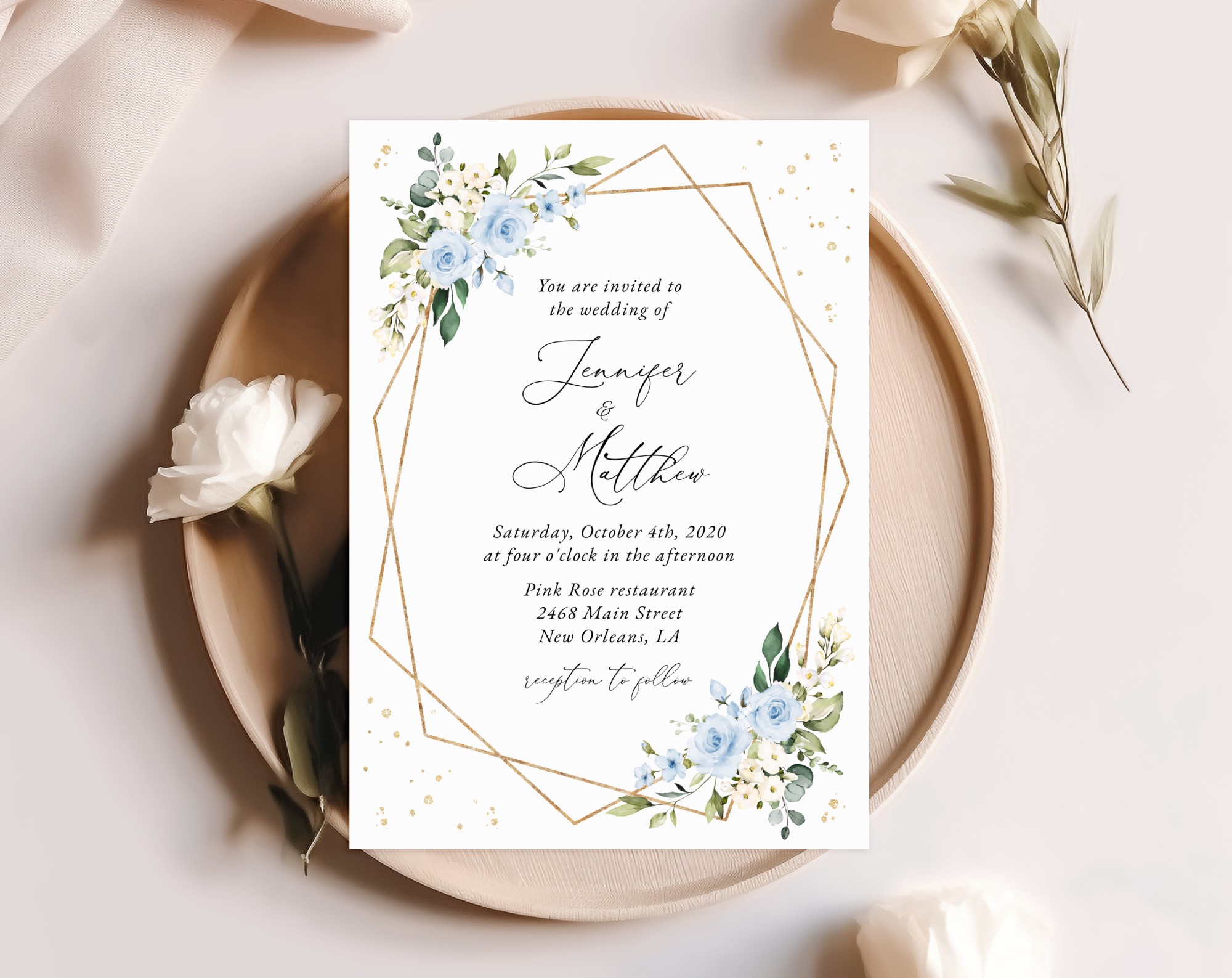 Blue Flowers and Gold Confetti Wedding Invitation, Wedding Stationery, Printable File, Edit Yourself, SH136