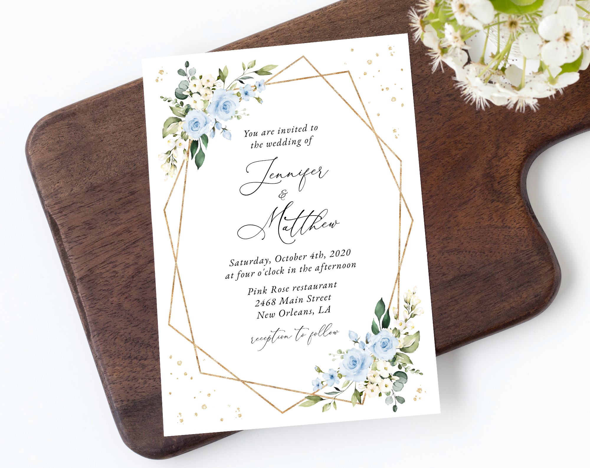 Blue Flowers and Gold Confetti Wedding Invitation, Wedding Stationery, Printable File, Edit Yourself, SH136