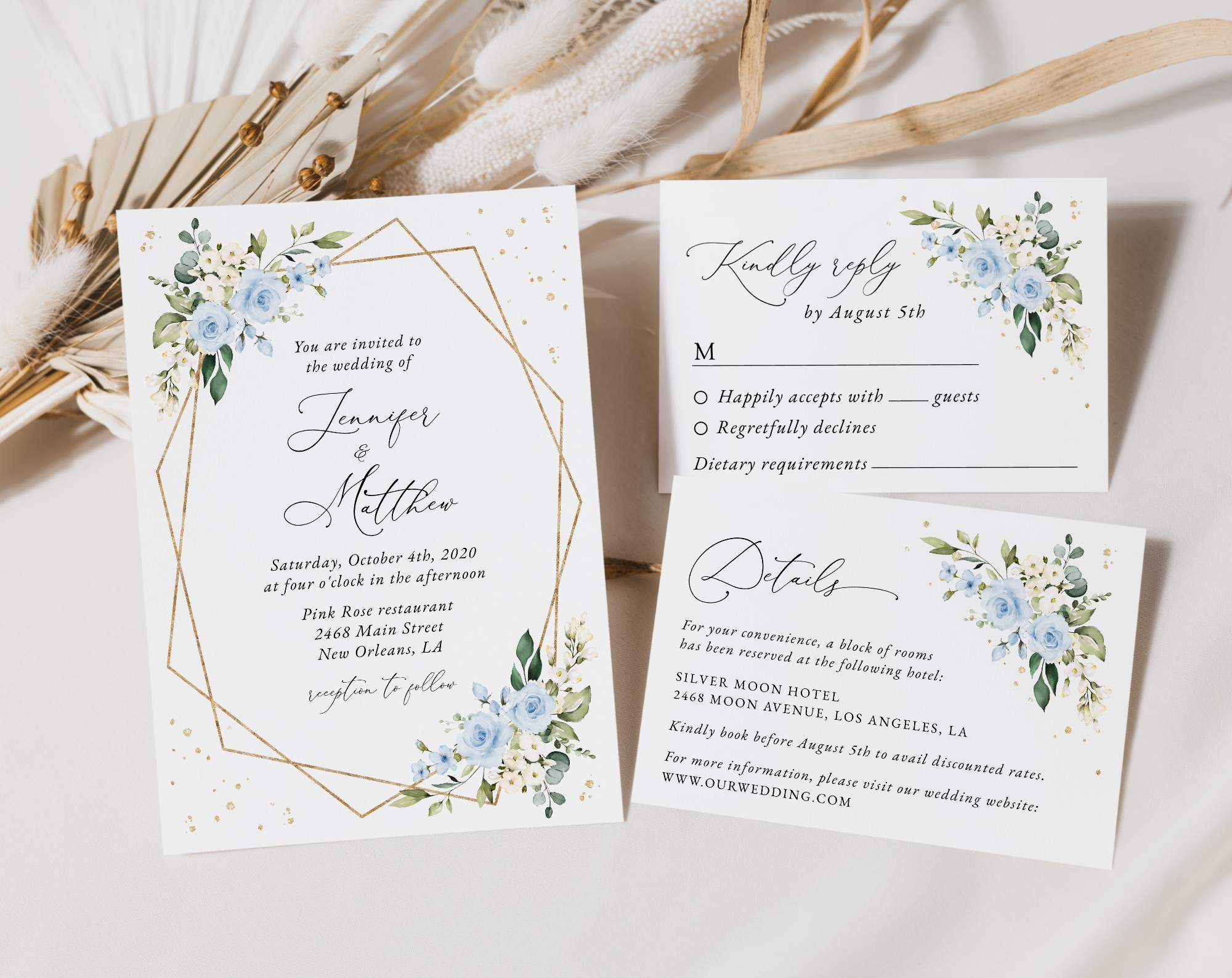 Blue Flowers and Gold Confetti Wedding Invitation Suite, Wedding Stationery, Printable File, Edit Yourself, SH136