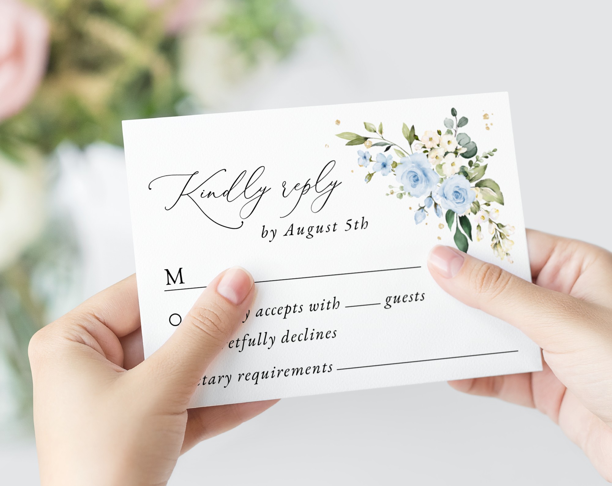 Blue Flowers and Gold Confetti Wedding Invitation Suite, Wedding Stationery, Printable File, Edit Yourself, SH136