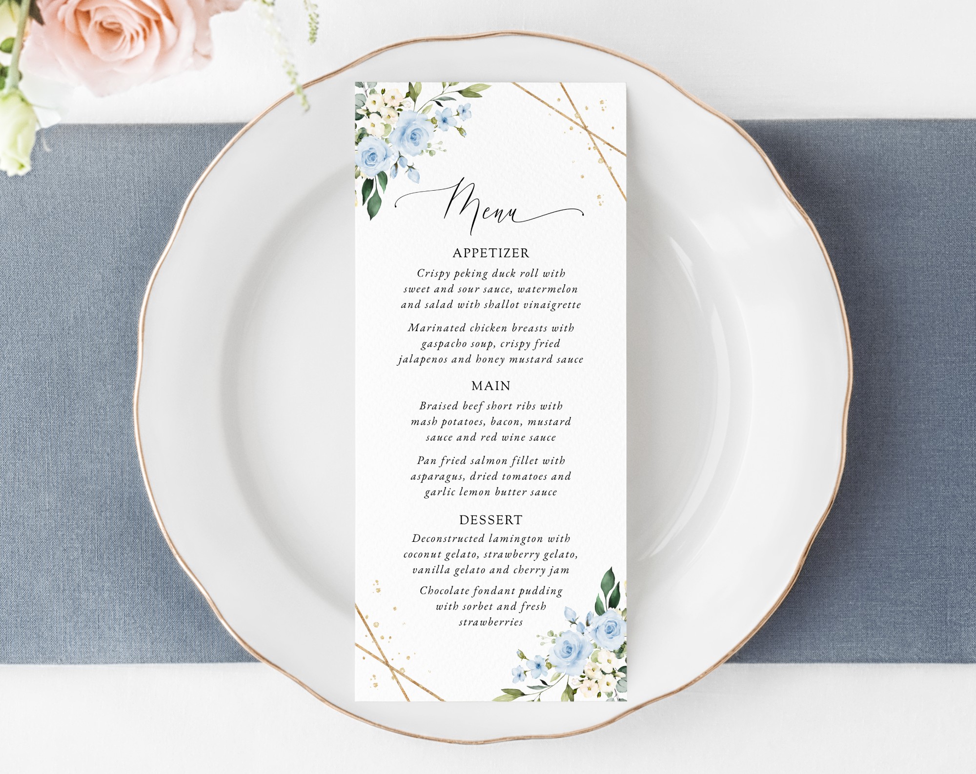 Blue Flowers and Gold Confetti Wedding Menu, Wedding Stationery, Printable File, Edit Yourself, SH136