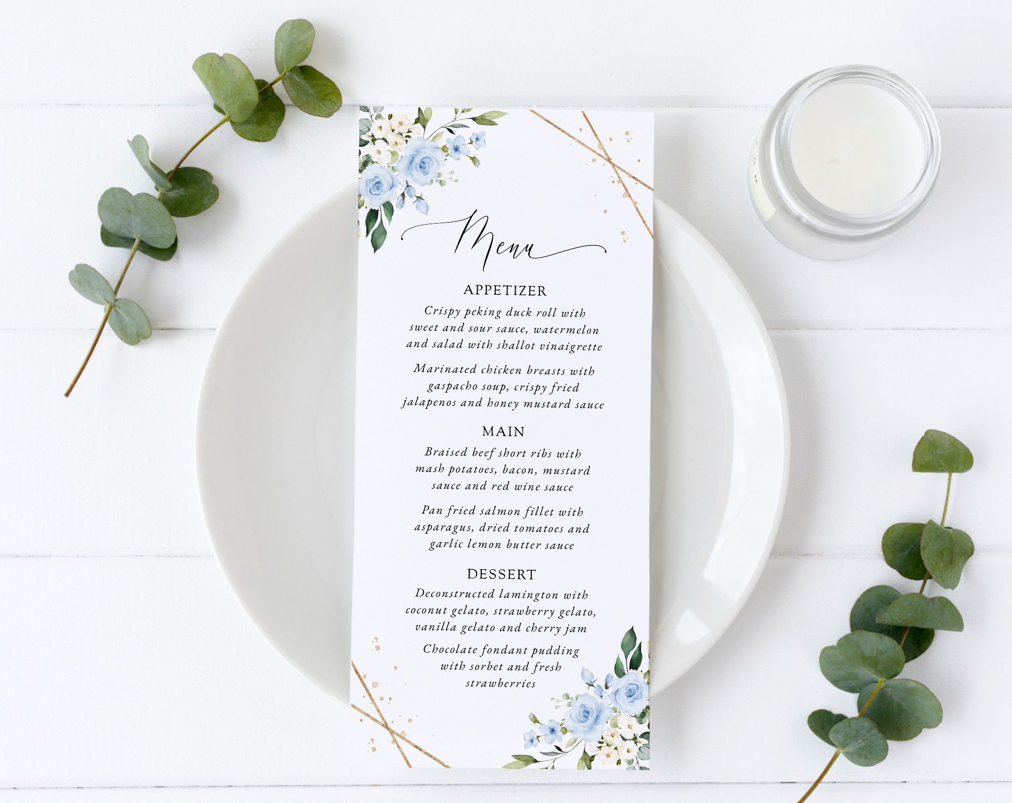 Blue Flowers and Gold Confetti Wedding Menu, Wedding Stationery, Printable File, Edit Yourself, SH136