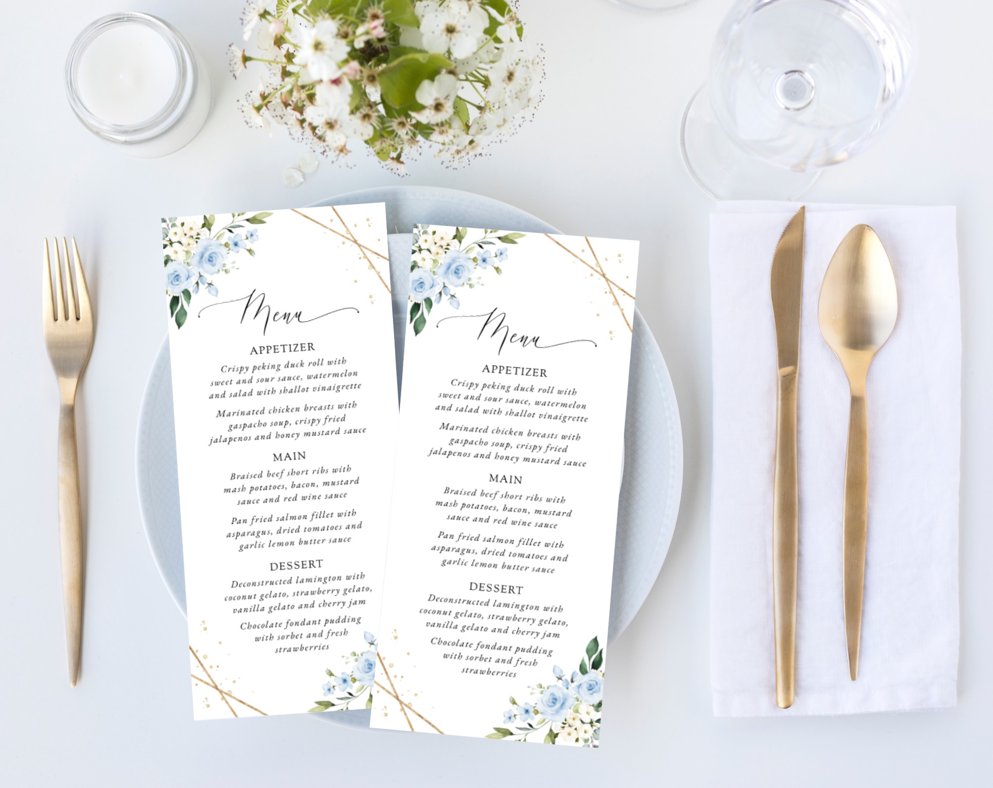 Blue Flowers and Gold Confetti Wedding Menu, Wedding Stationery, Printable File, Edit Yourself, SH136