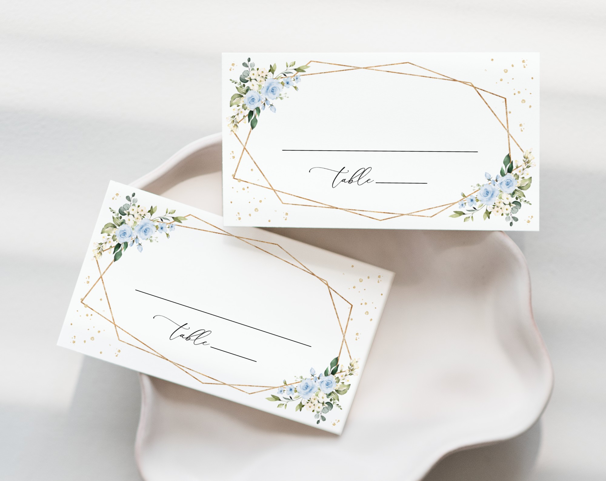 Blue Flowers and Gold Confetti Place Card, Wedding Stationery, Printable File, Edit Yourself, SH136