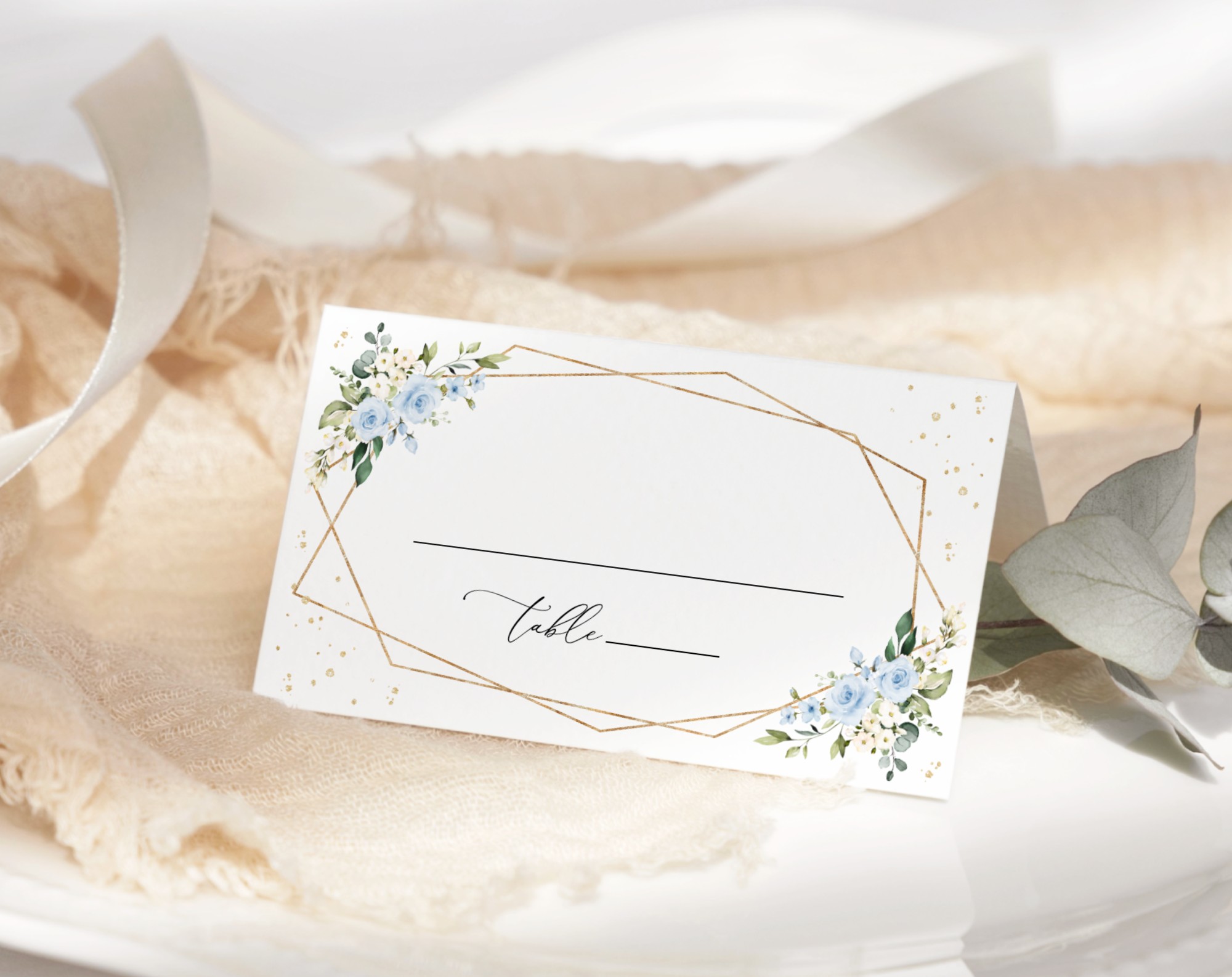 Blue Flowers and Gold Confetti Place Card, Wedding Stationery, Printable File, Edit Yourself, SH136
