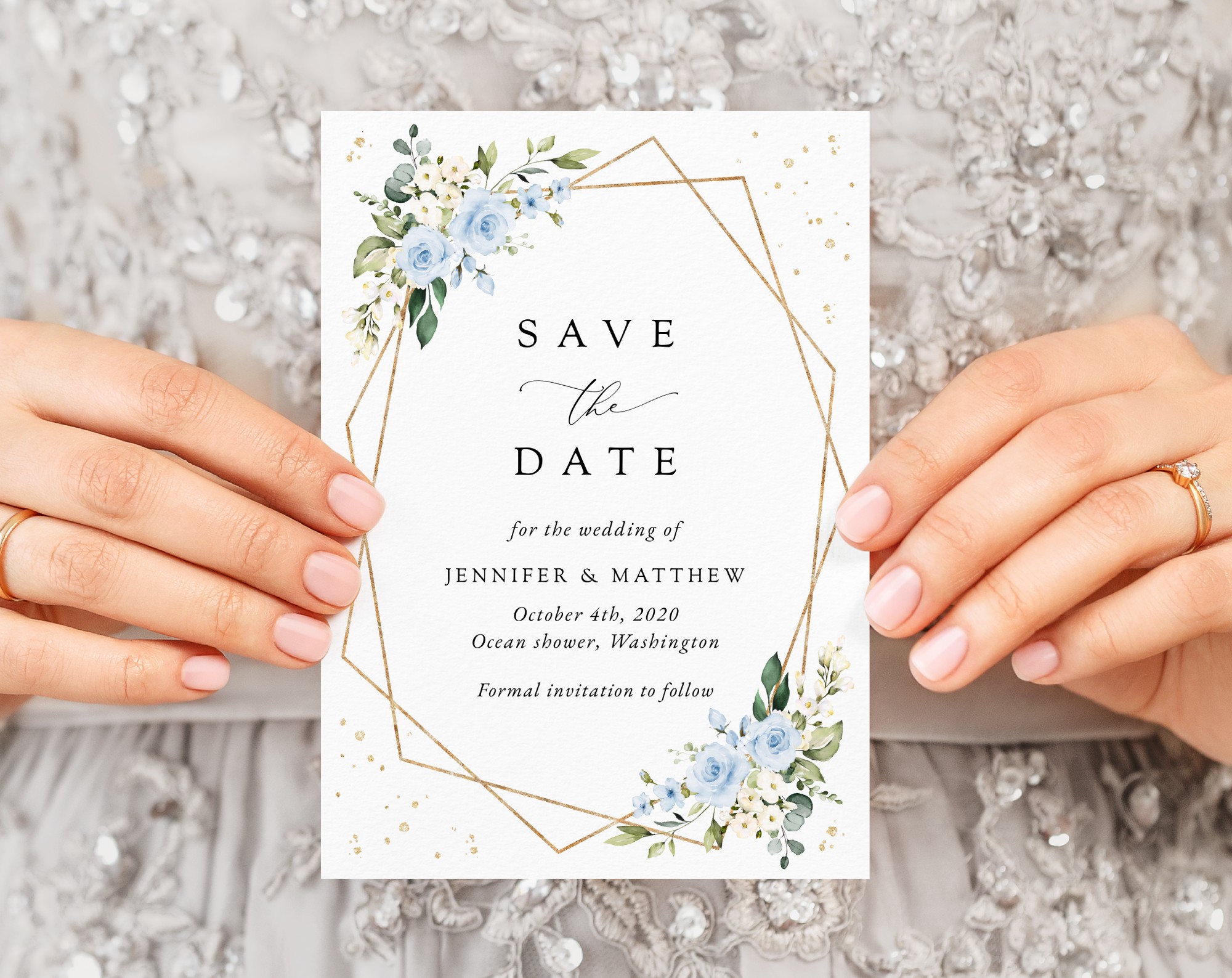 Blue Flowers and Gold Confetti Save the Date, Wedding Stationery, Printable File, Edit Yourself, SH136