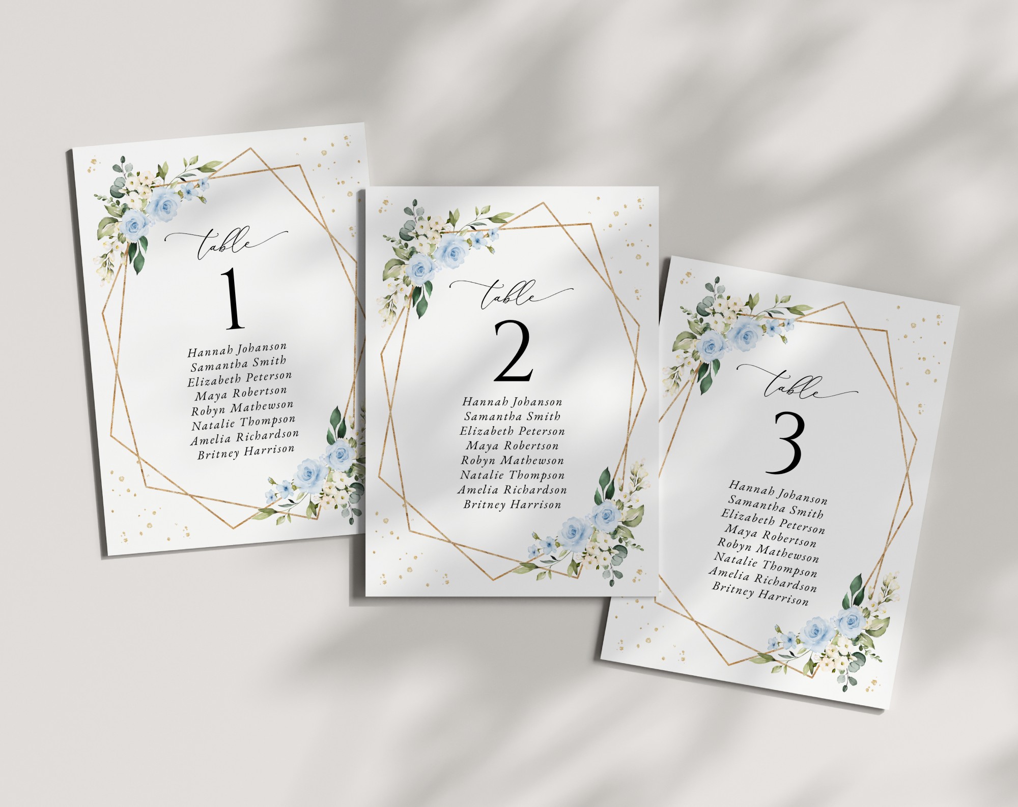 Blue Flowers and Gold Confetti Seating Cards, Wedding Stationery, Printable File, Edit Yourself, SH136
