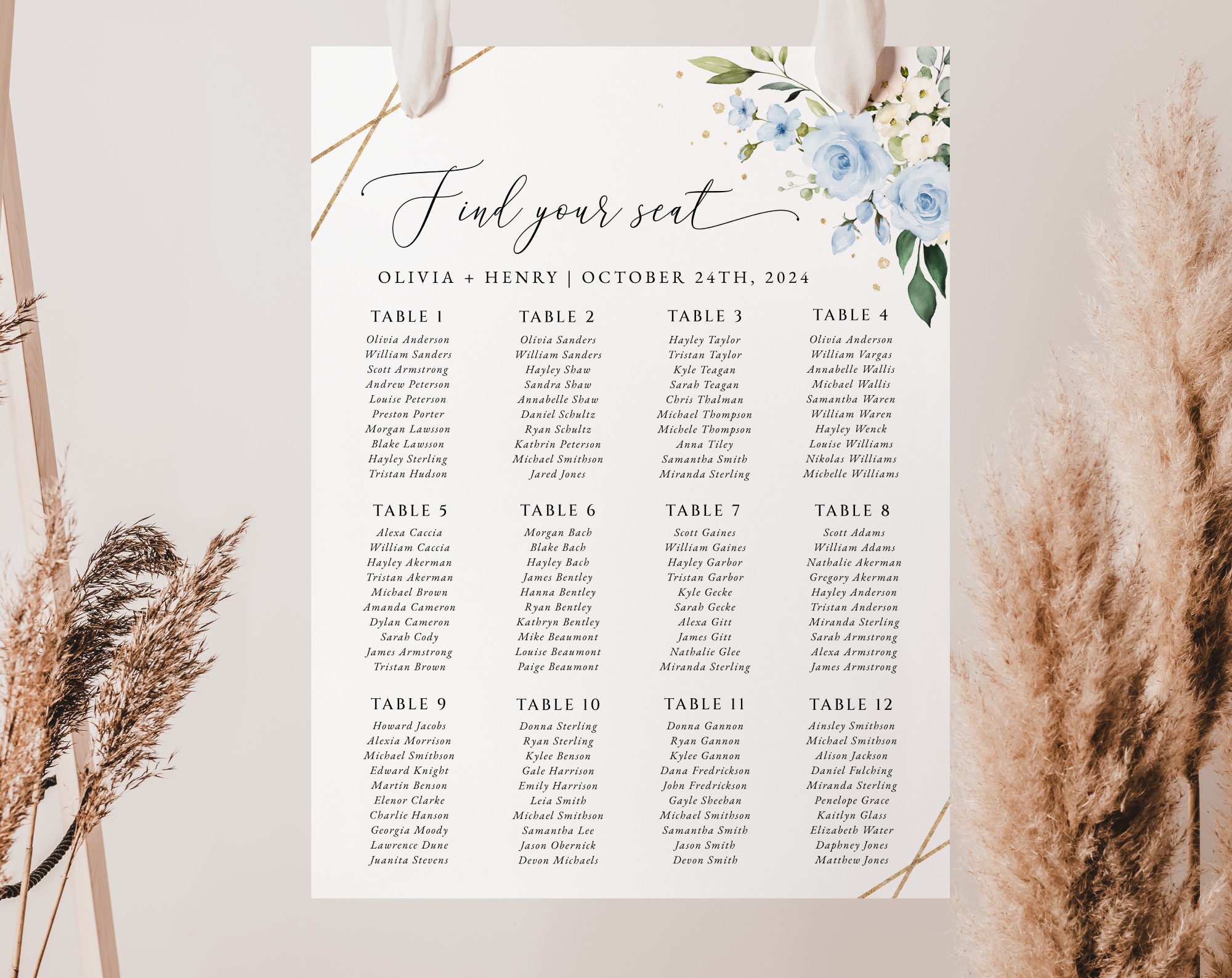 Blue Flowers and Gold Confetti Seating Chart, Wedding Sign, Printable File, Edit Yourself, SH136